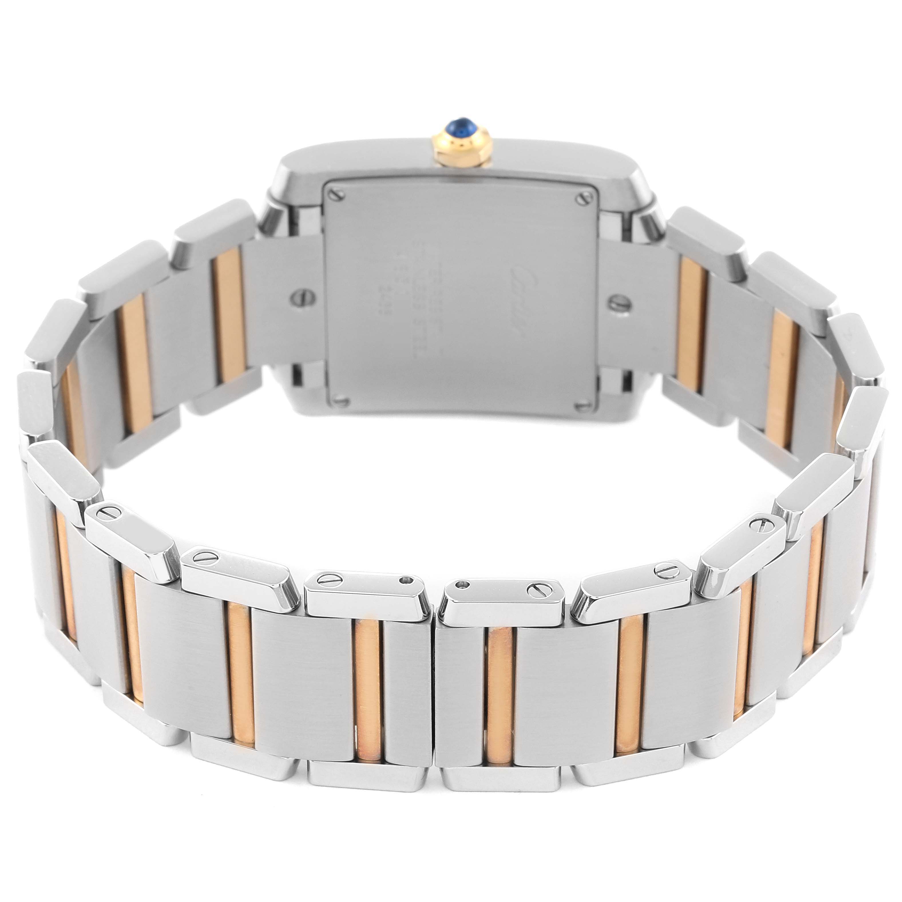The image shows the back view of the Cartier Tank Française watch, highlighting the metal bracelet and clasp.