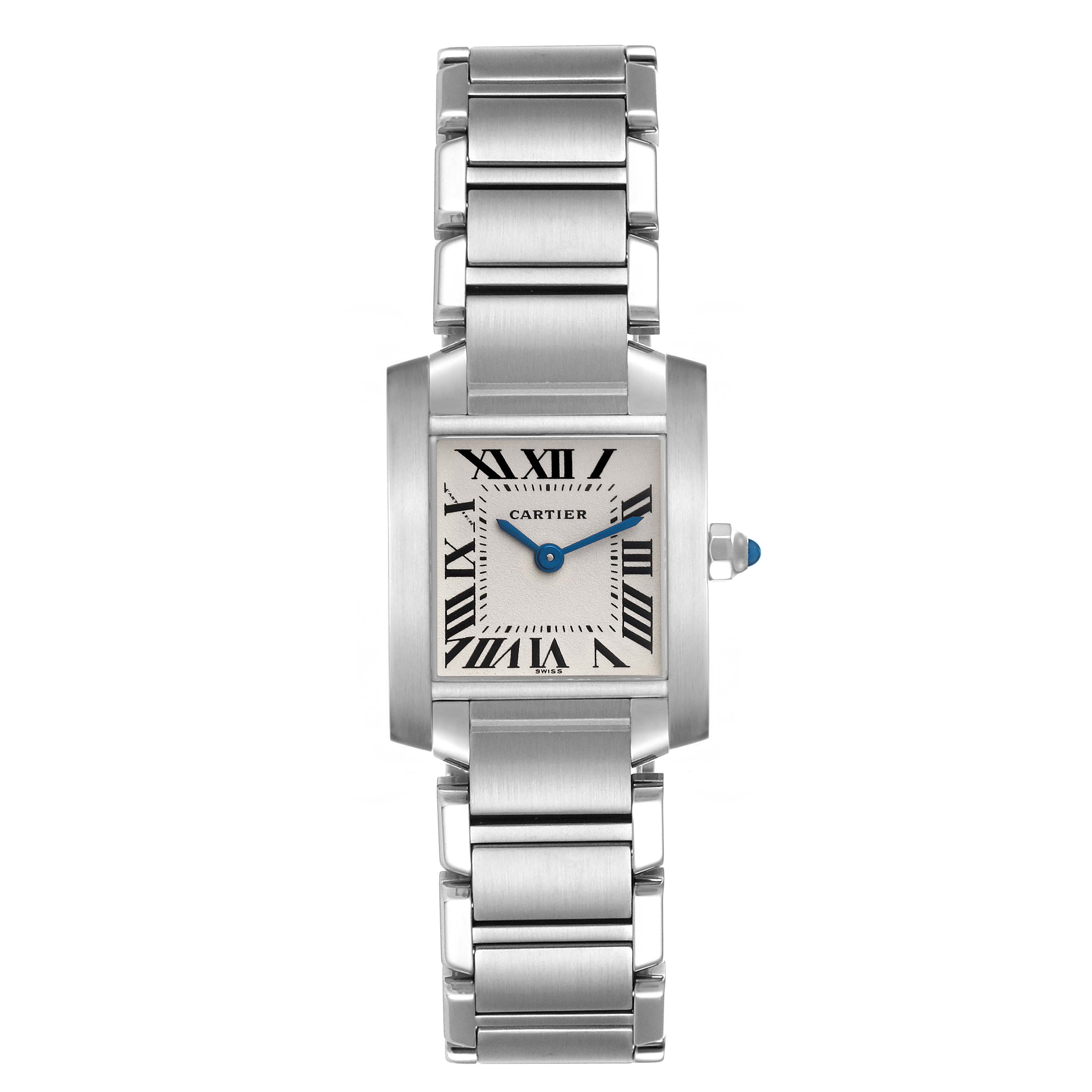 The Cartier Tank Francaise W51008Q3 Women's Stainless Steel Silver Dial W51008Q3 Women's Stainless Steel Silver Dial watch is shown from a front view, highlighting the face and metal bracelet.