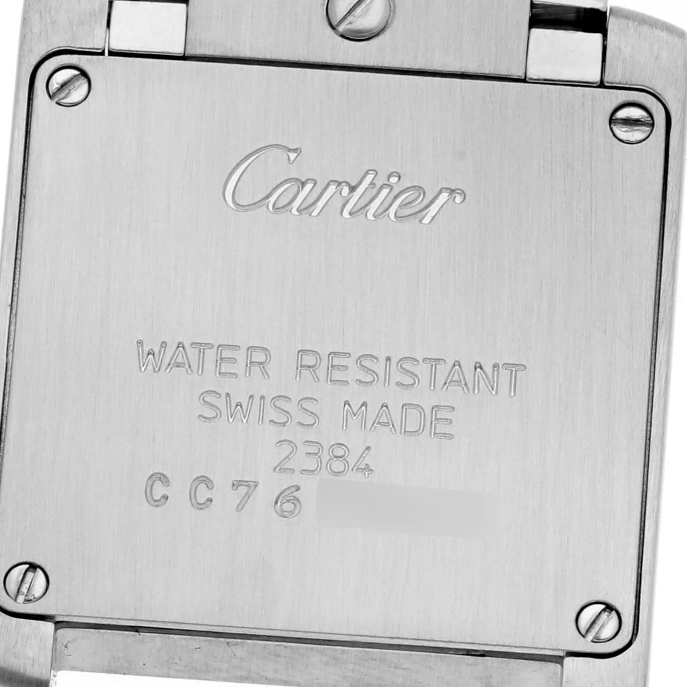 The image shows the back case of the Cartier Tank Française, displaying the brand and water resistance details.