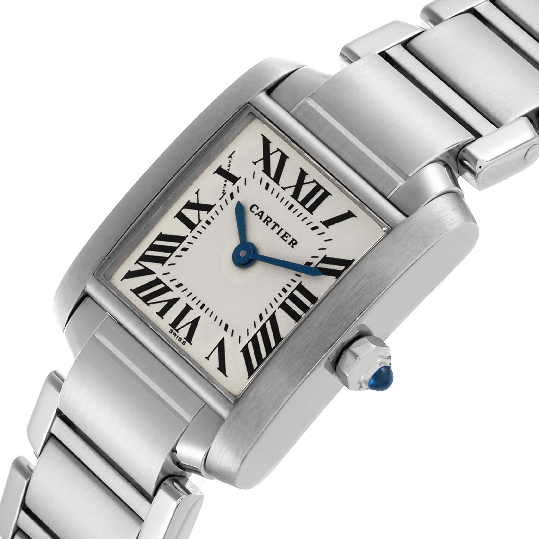 The Cartier Tank Française watch is shown at an angled view, highlighting the face, roman numerals, blue hands, and metal bracelet.
