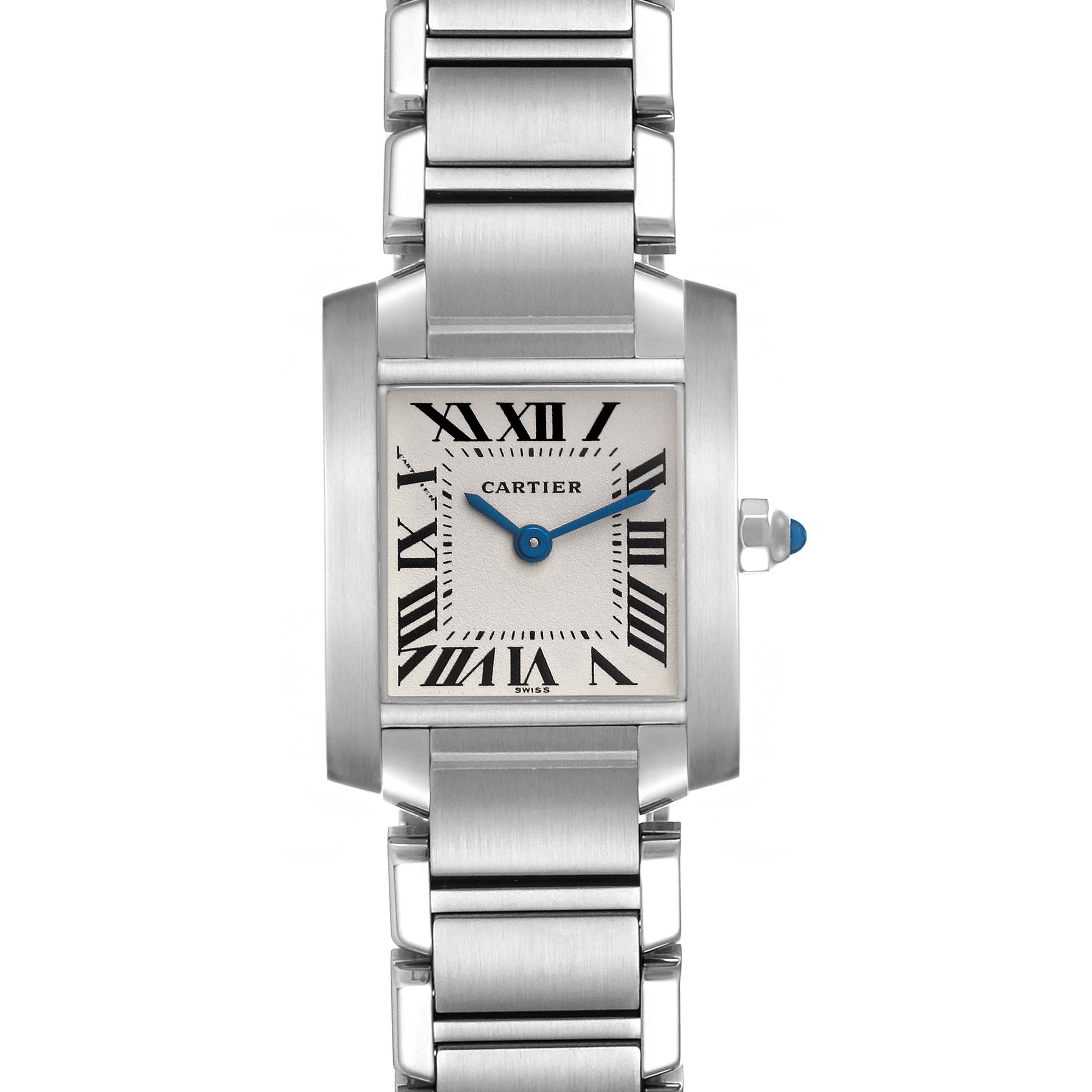 The Cartier Tank Francaise W51008Q3 Women's Stainless Steel Silver Dial W51008Q3 Women's Stainless Steel Silver Dial watch is shown from the front, displaying the face, dial, and bracelet.