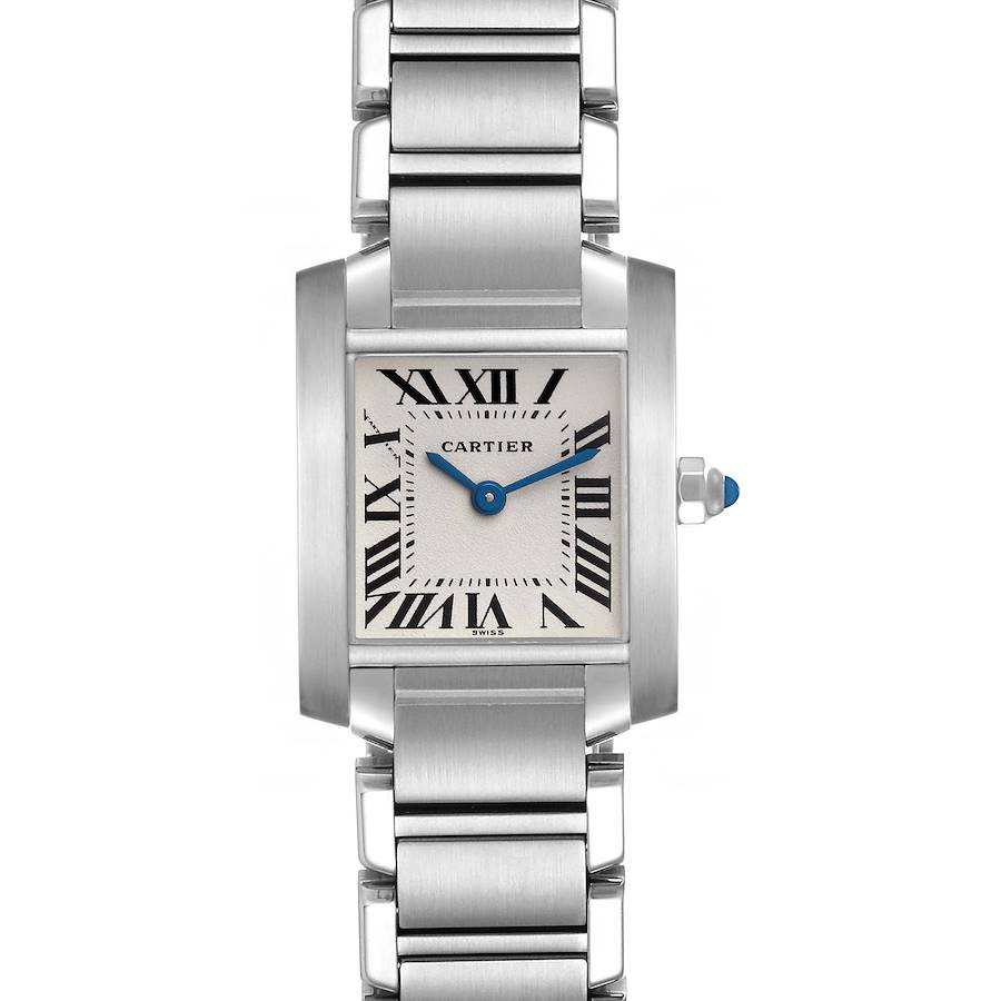 The Cartier Tank Francaise watch is shown from the front, displaying the face, dial, and bracelet.