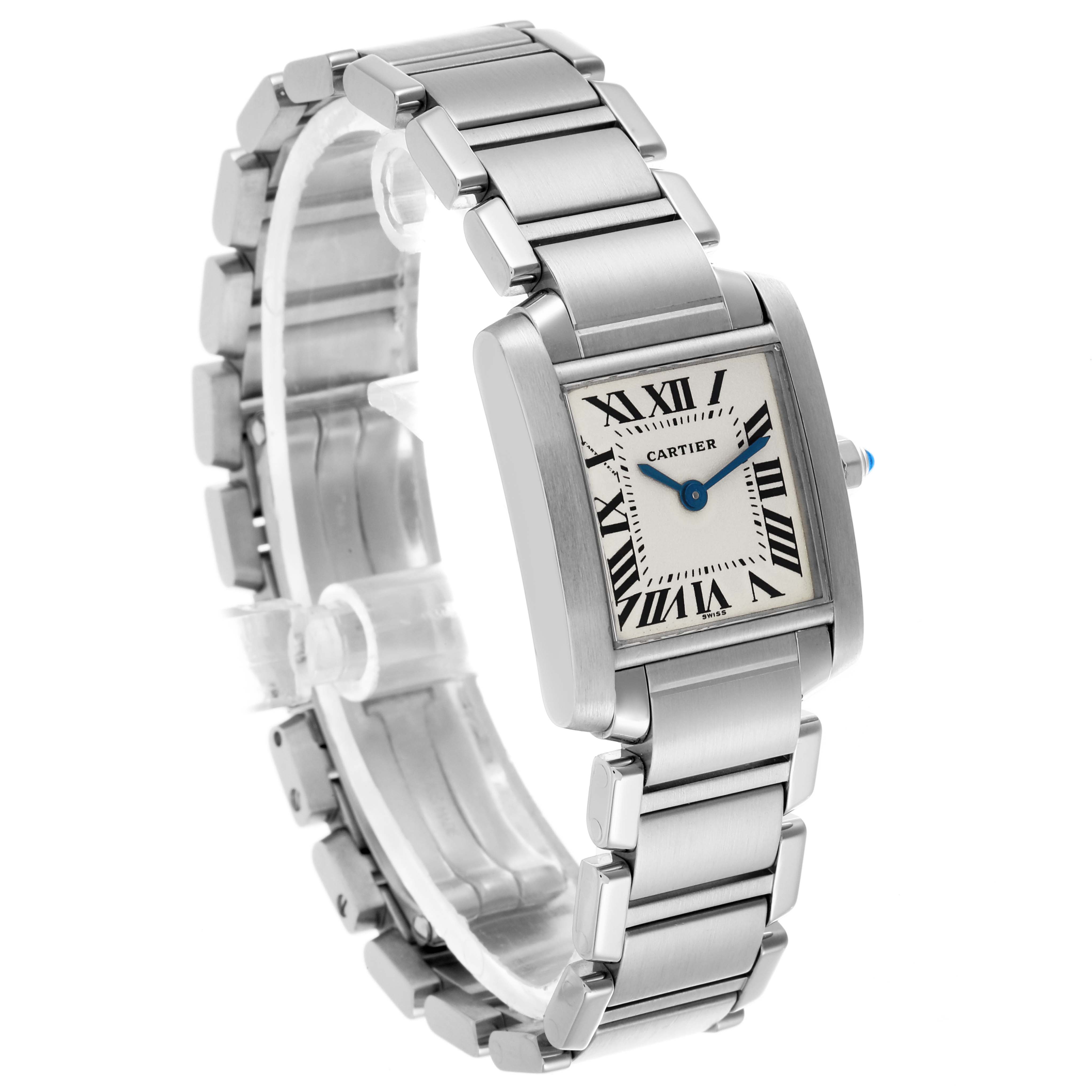 The Cartier Tank Francaise W51008Q3 Women's Stainless Steel Silver Dial W51008Q3 Women's Stainless Steel Silver Dial watch is shown from a front-side angle, highlighting the face, bracelet, and crown.