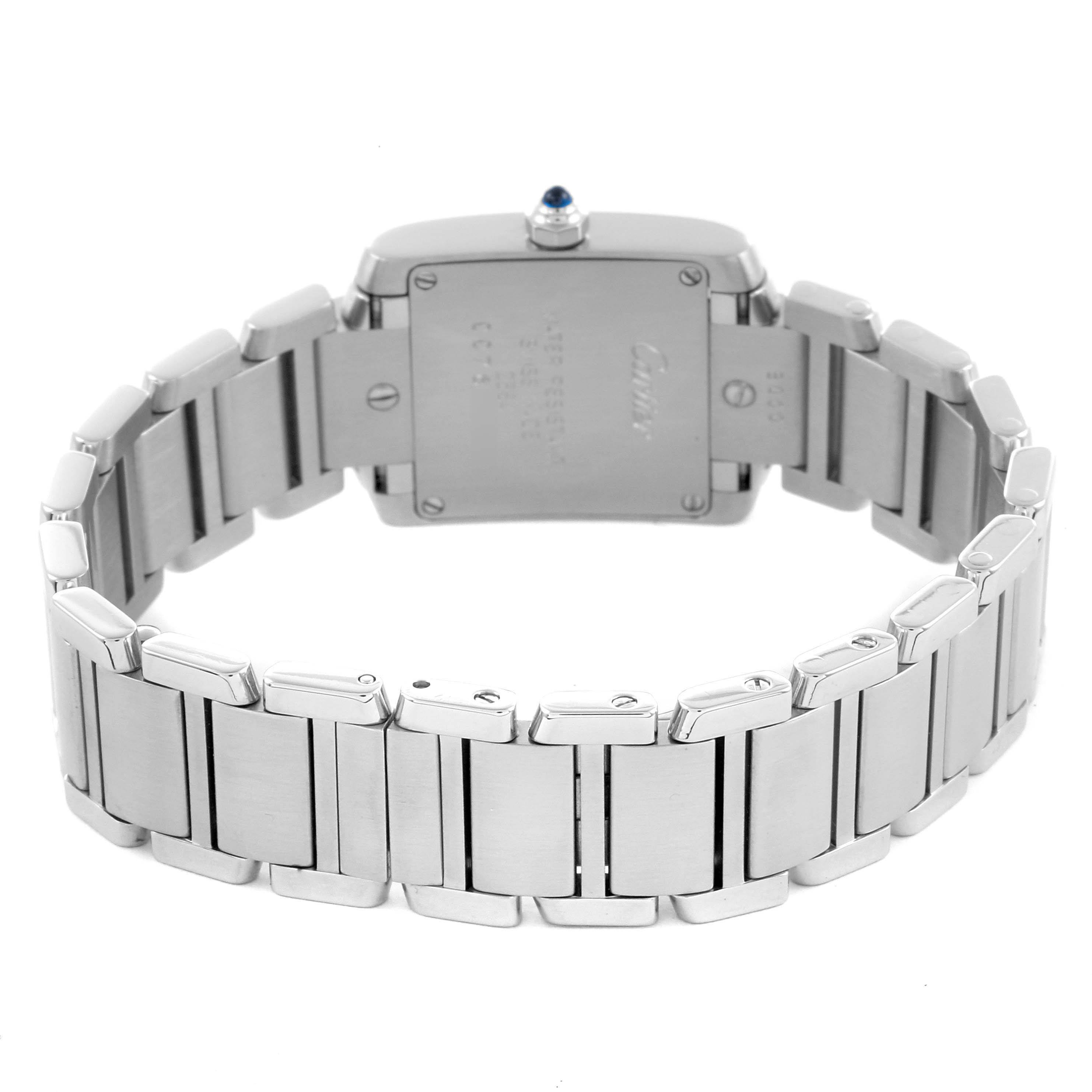 The image shows the back view of the Cartier Tank Francaise W51008Q3 Women's Stainless Steel Silver Dial W51008Q3 Women's Stainless Steel Silver Dial watch, highlighting the bracelet and case back.