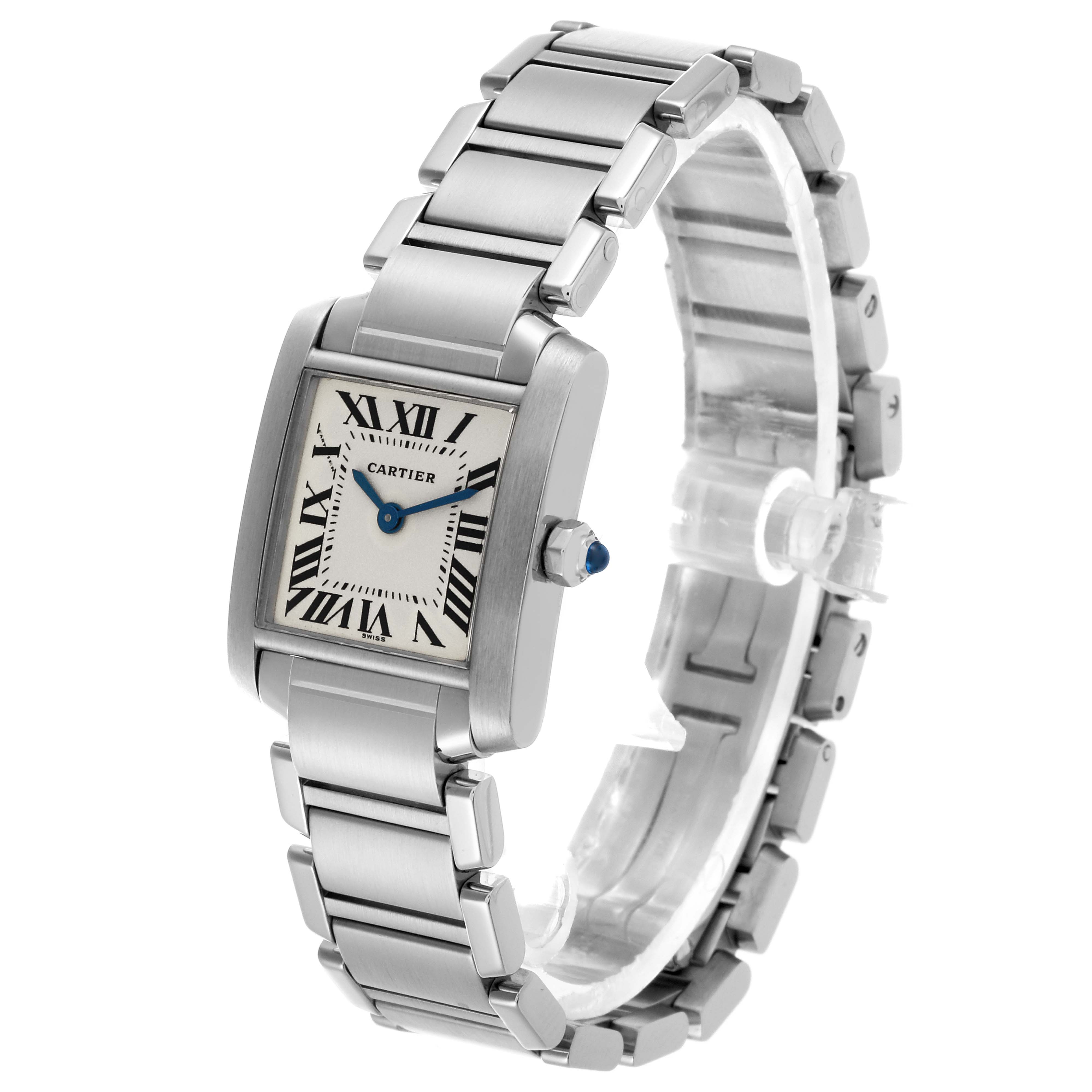 The Cartier Tank Française watch is shown at a three-quarter angle, displaying the face, case, and metal bracelet.