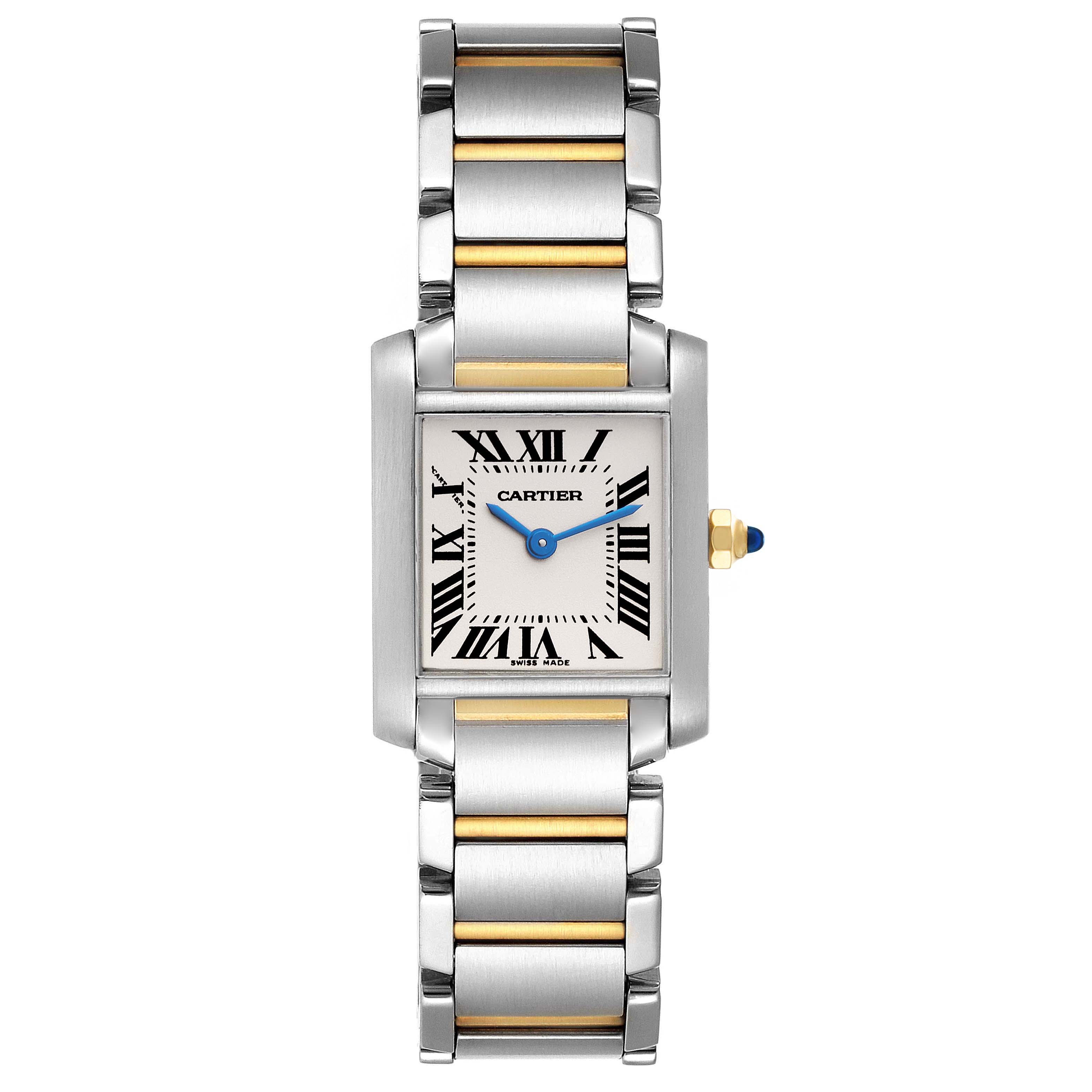 The Cartier Tank Francaise W51007Q4 Women's Steel and Gold (two tone) Silver Dial W51007Q4 Women's Steel and Gold (two tone) Silver Dial watch is shown from a top-down angle, displaying the face, bracelet, and crown.