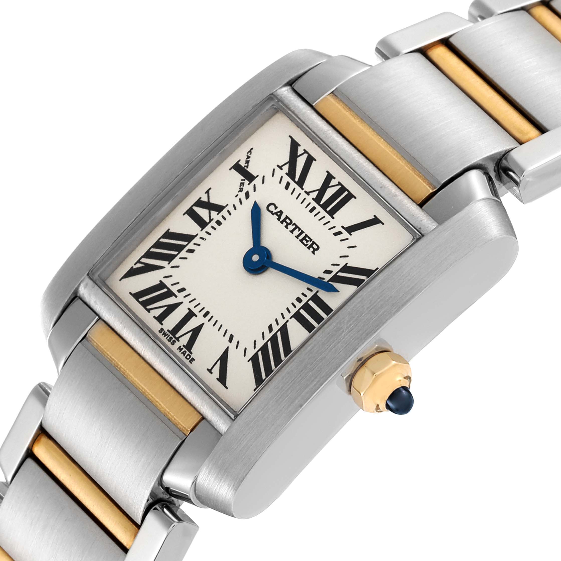 The image shows a Cartier Tank Française watch viewed from an angled perspective, focusing on the dial, crown, and part of the bracelet.