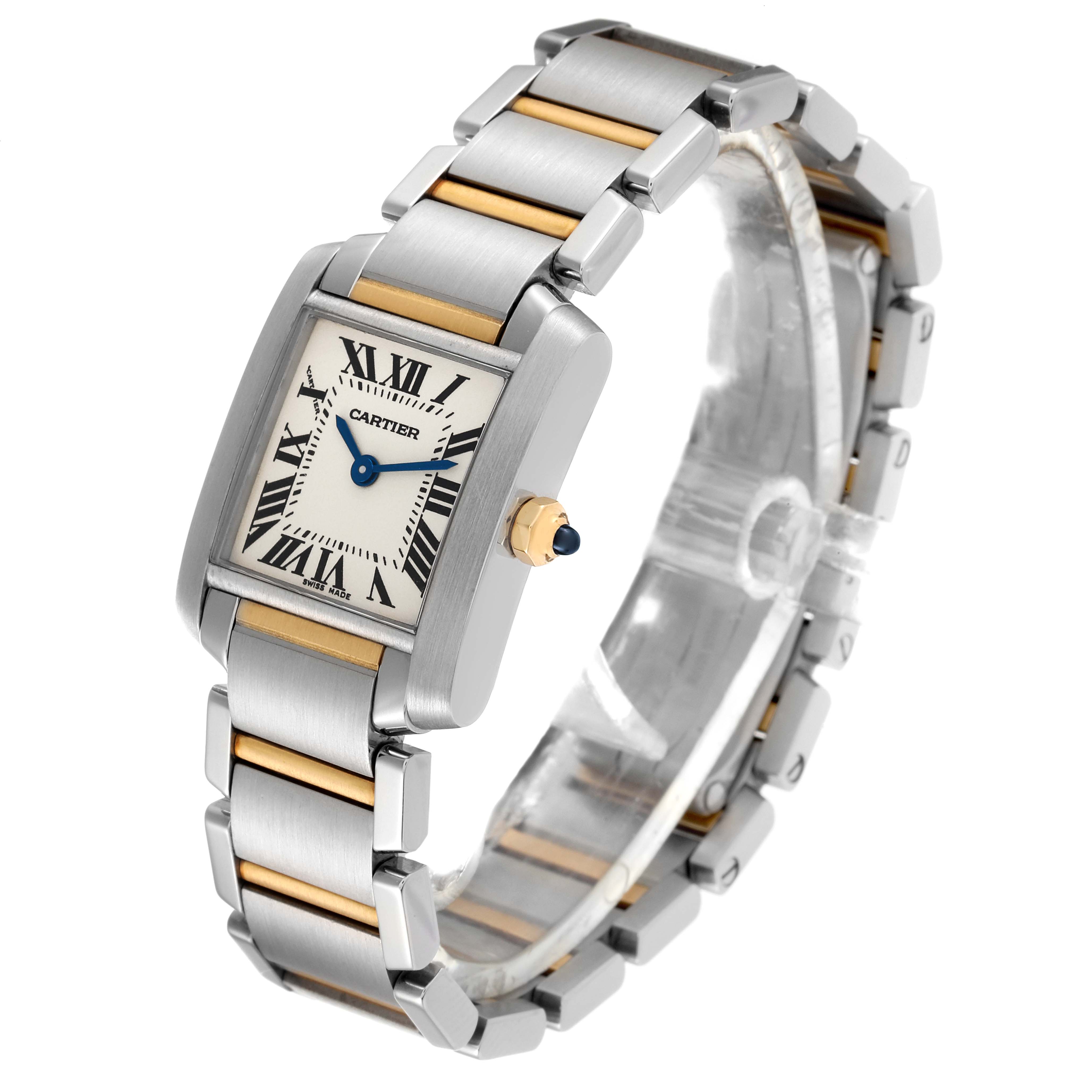 The image shows a three-quarter view of the Cartier Tank Francaise W51007Q4 Women's Steel and Gold (two tone) Silver Dial W51007Q4 Women's Steel and Gold (two tone) Silver Dial watch, highlighting its face, bracelet, and crown.
