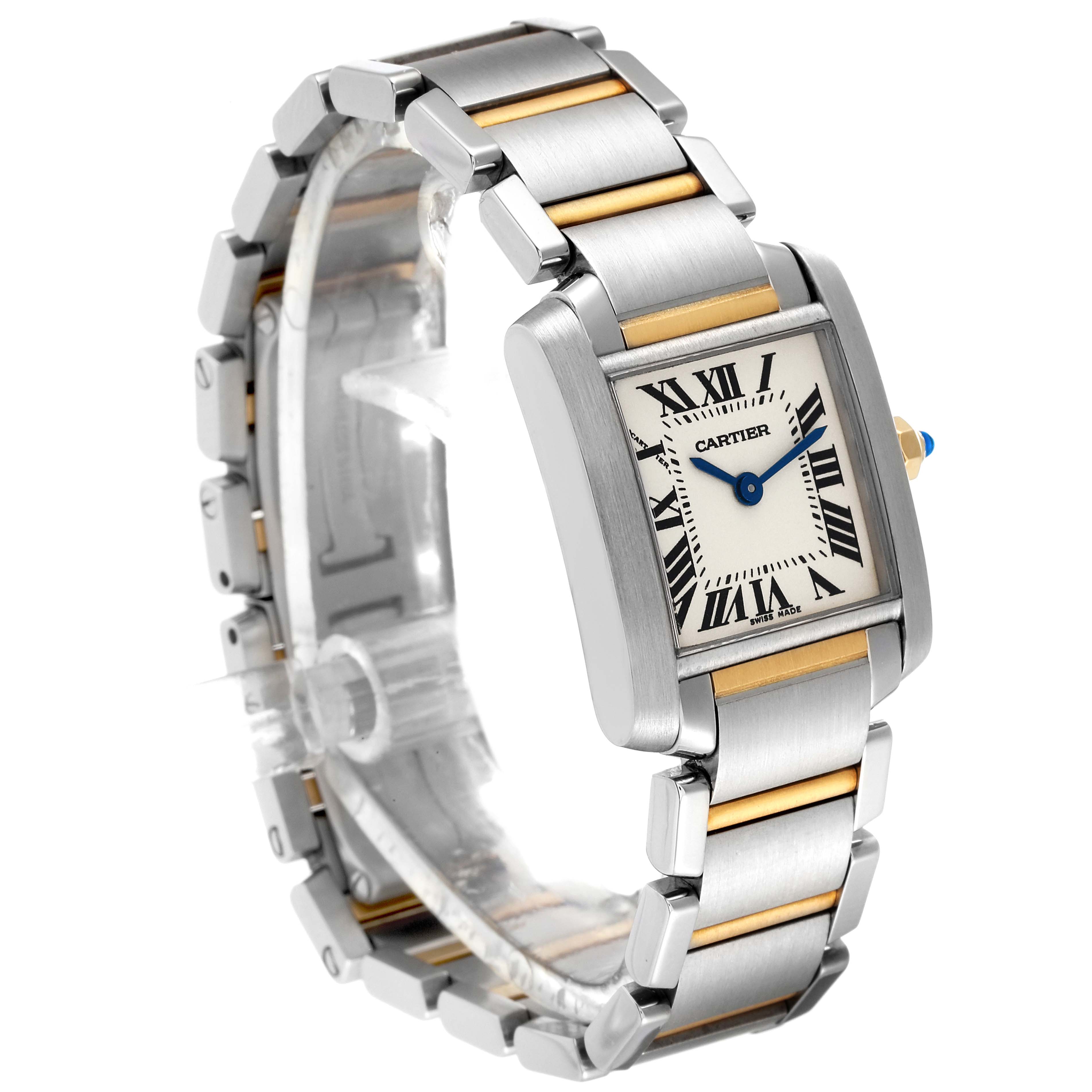 The image shows a Cartier Tank Française watch angled to display the face, case, and bracelet with gold accents.