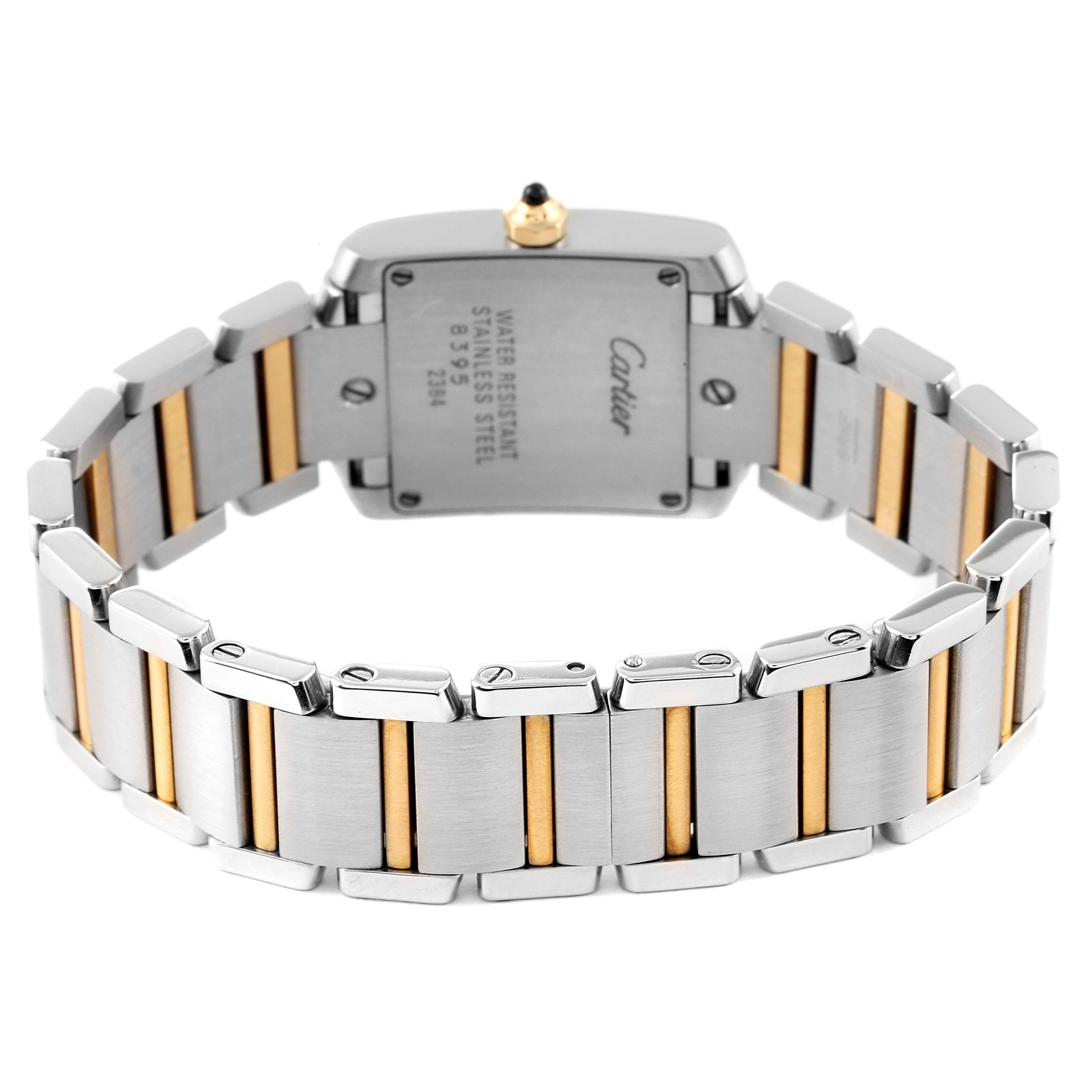 The image shows the back view of a Cartier Tank Francaise W51007Q4 Women's Steel and Gold (two tone) Silver Dial W51007Q4 Women's Steel and Gold (two tone) Silver Dial watch, highlighting the stainless steel and gold bracelet.