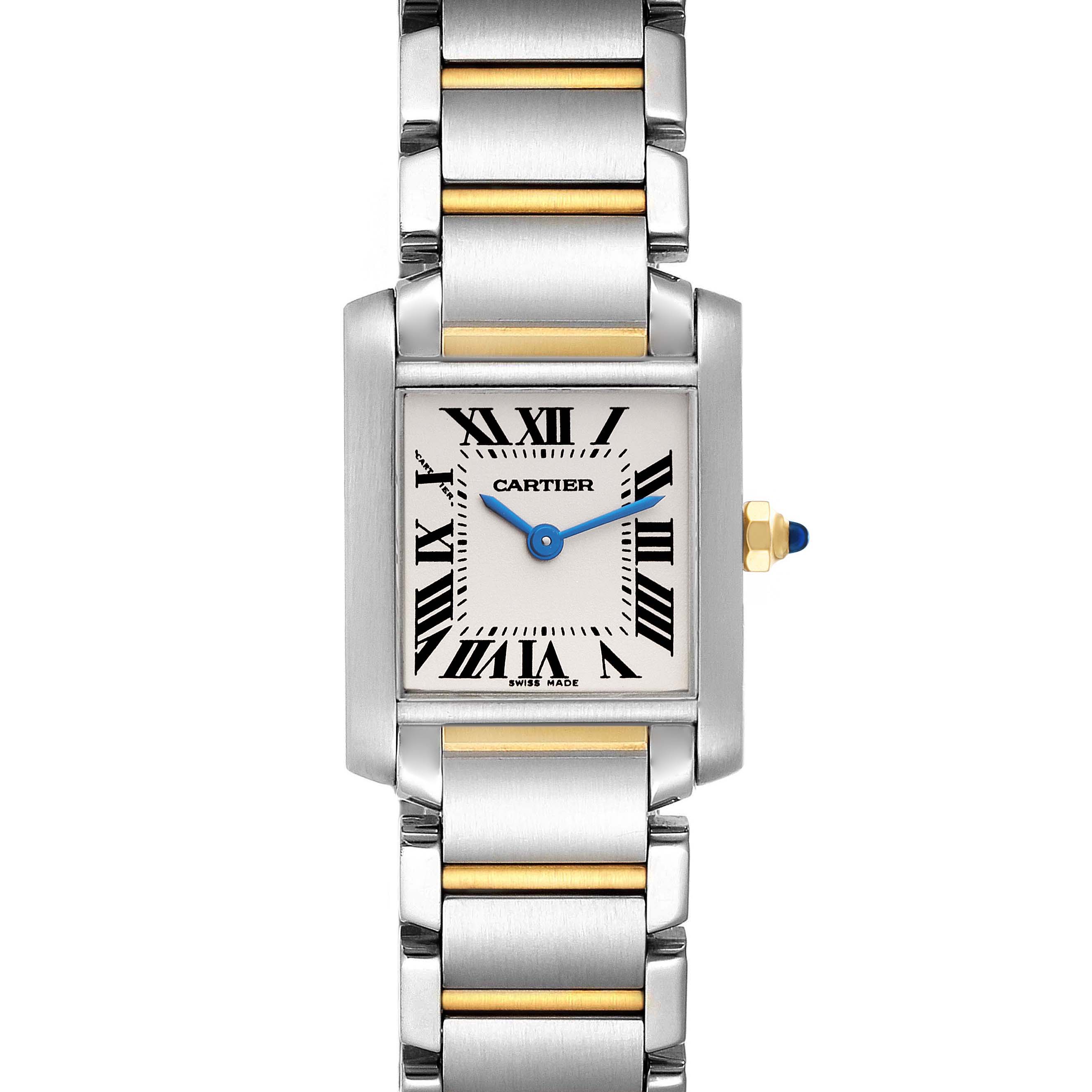 The image shows a head-on view of a Cartier Tank Française watch, displaying the face, crown, and bracelet.