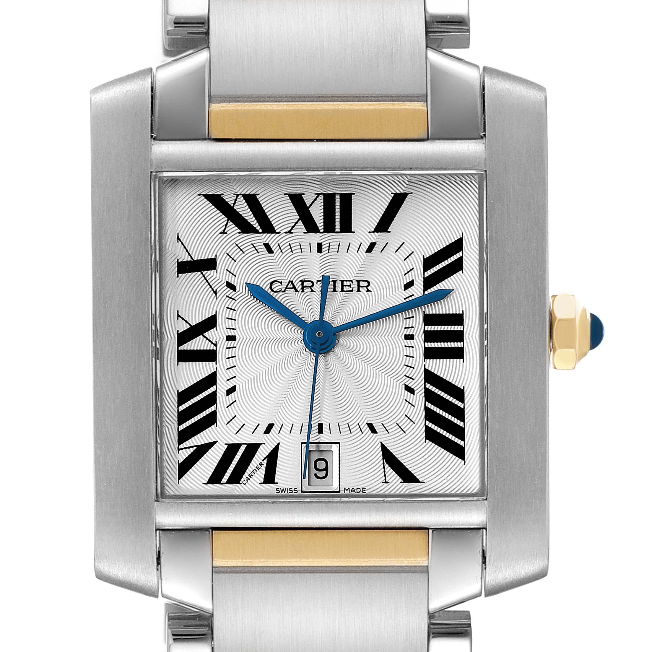 The image shows a front view of the dial and part of the bracelet of the Cartier Tank Francaise W51005Q4 Men's Steel and Gold (two tone) Silver Dial W51005Q4 Men's Steel and Gold (two tone) Silver Dial watch.