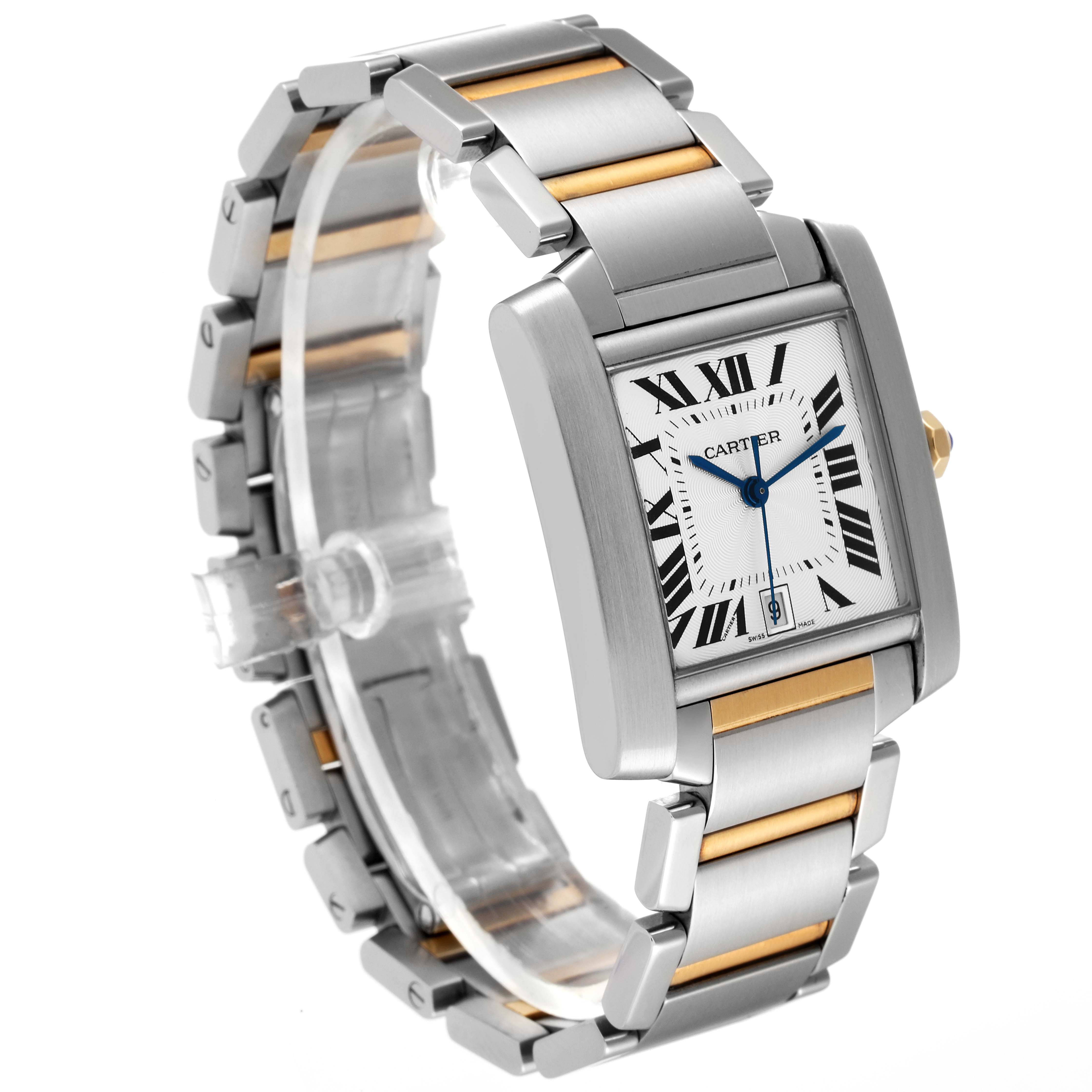 The image shows a Cartier Tank Francaise W51005Q4 Men's Steel and Gold (two tone) Silver Dial W51005Q4 Men's Steel and Gold (two tone) Silver Dial watch at a three-quarter angle displaying the face, bracelet, and clasp.