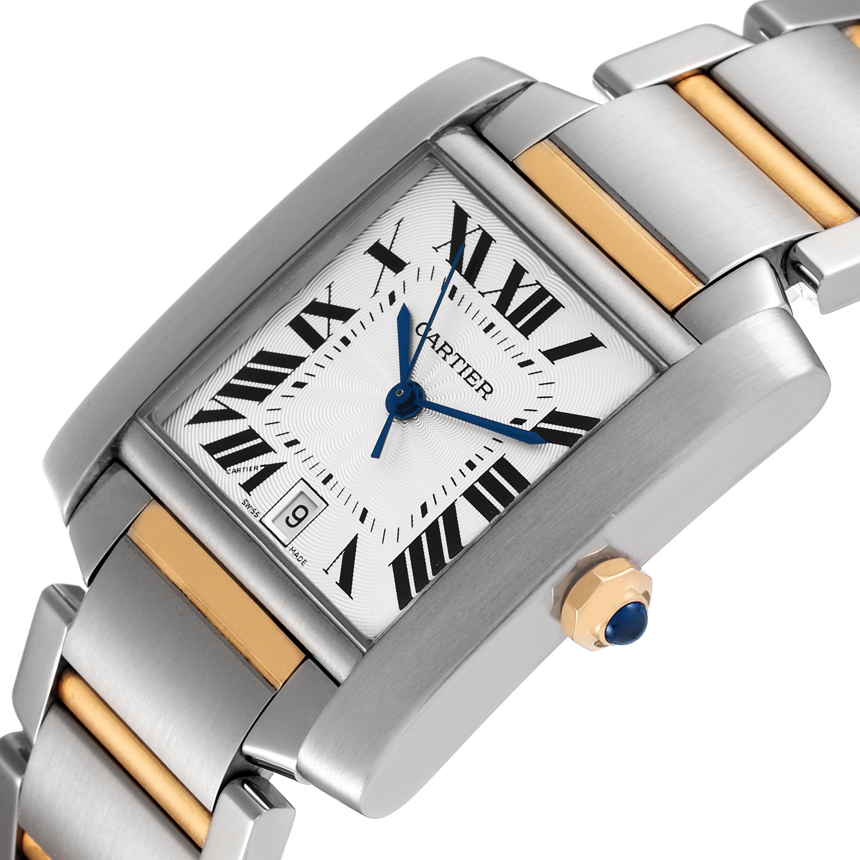 The image shows a Cartier Tank Francaise W51005Q4 Men's Steel and Gold (two tone) Silver Dial W51005Q4 Men's Steel and Gold (two tone) Silver Dial watch at an angle displaying the dial, Roman numerals, date window, and part of the strap.