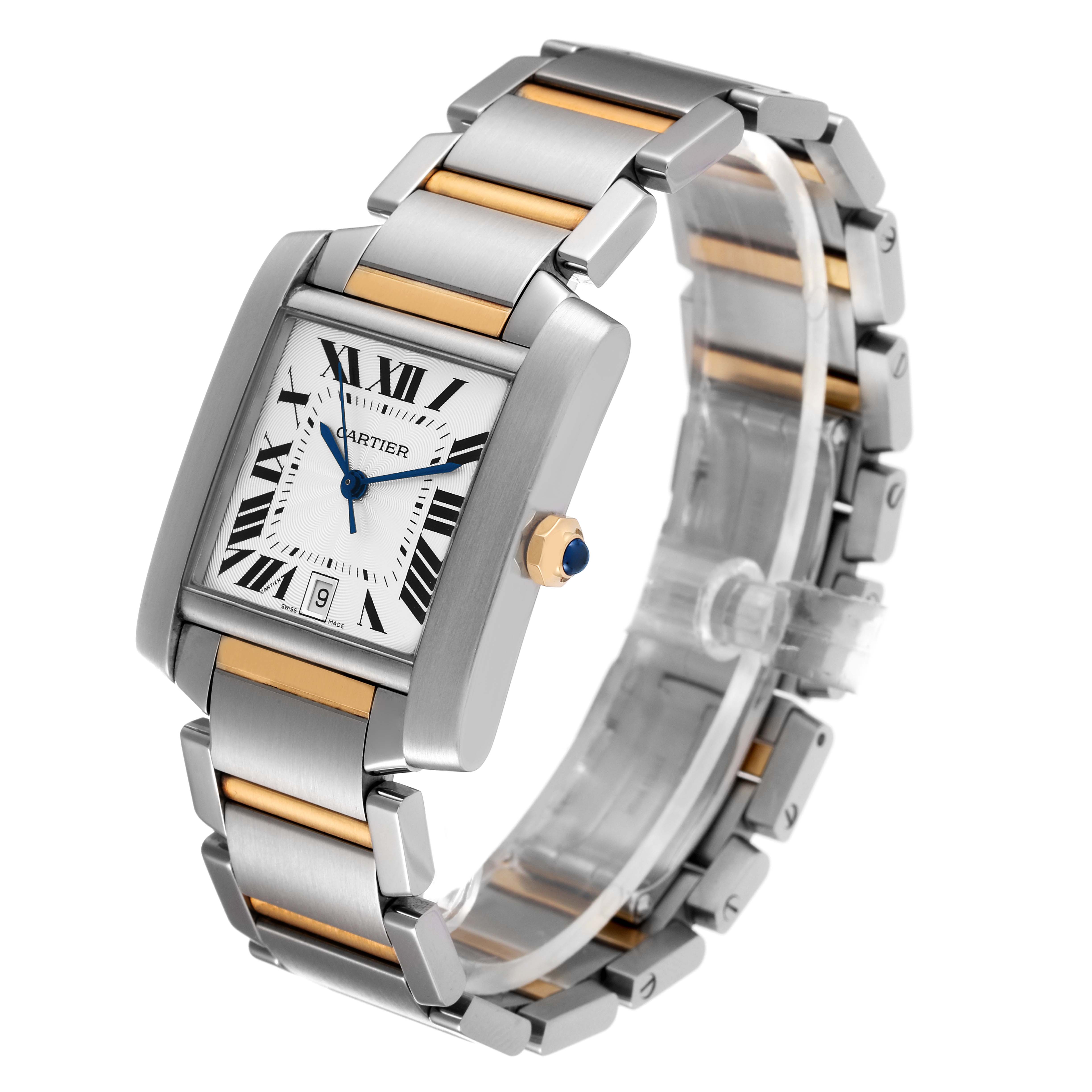 The Cartier Tank Francaise W51005Q4 Men's Steel and Gold (two tone) Silver Dial W51005Q4 Men's Steel and Gold (two tone) Silver Dial watch is shown at a three-quarter angle, displaying its two-tone metal bracelet and rectangular dial.