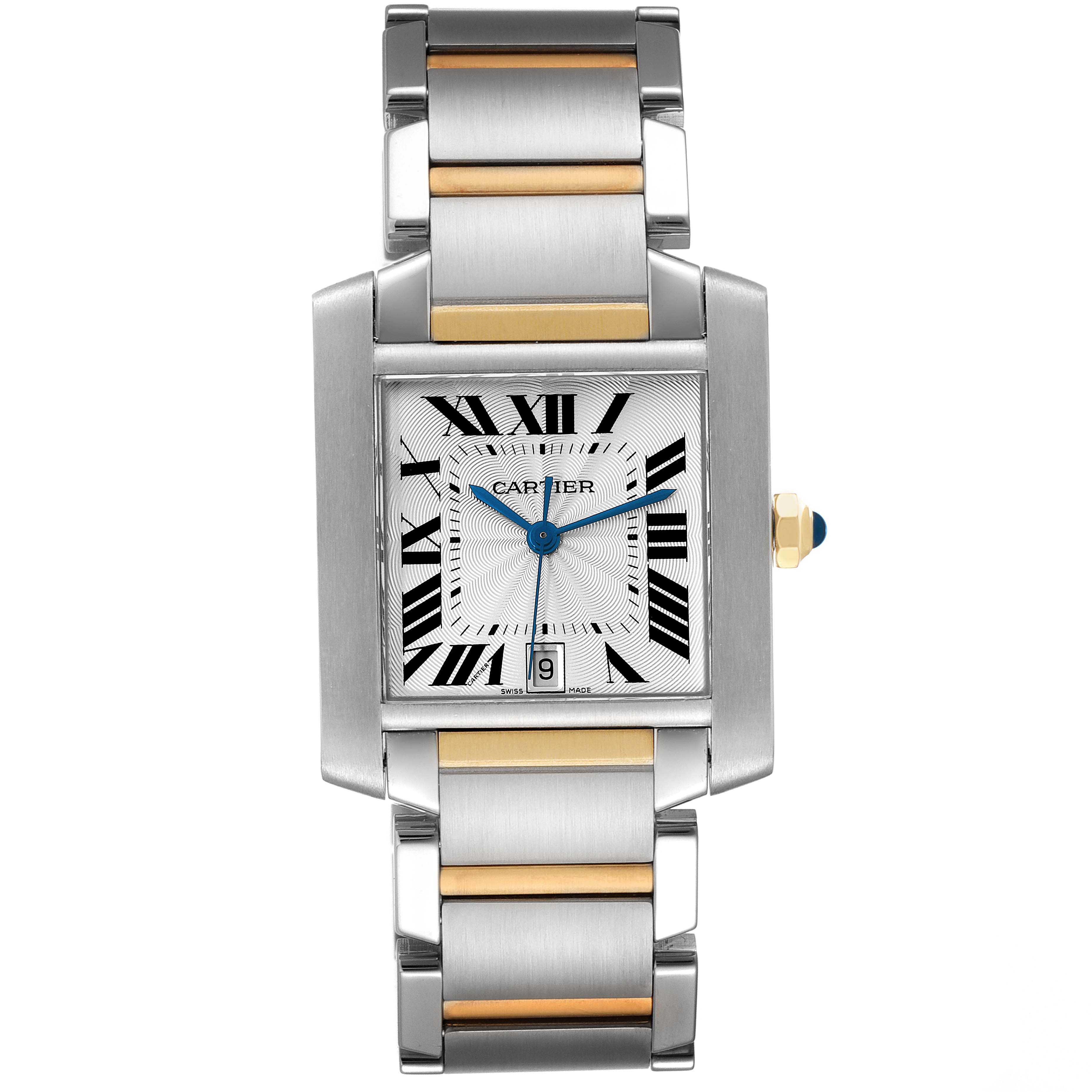 This image shows a Cartier Tank Francaise W51005Q4 Men's Steel and Gold (two tone) Silver Dial W51005Q4 Men's Steel and Gold (two tone) Silver Dial watch from the front, highlighting the face, bracelet, and crown.