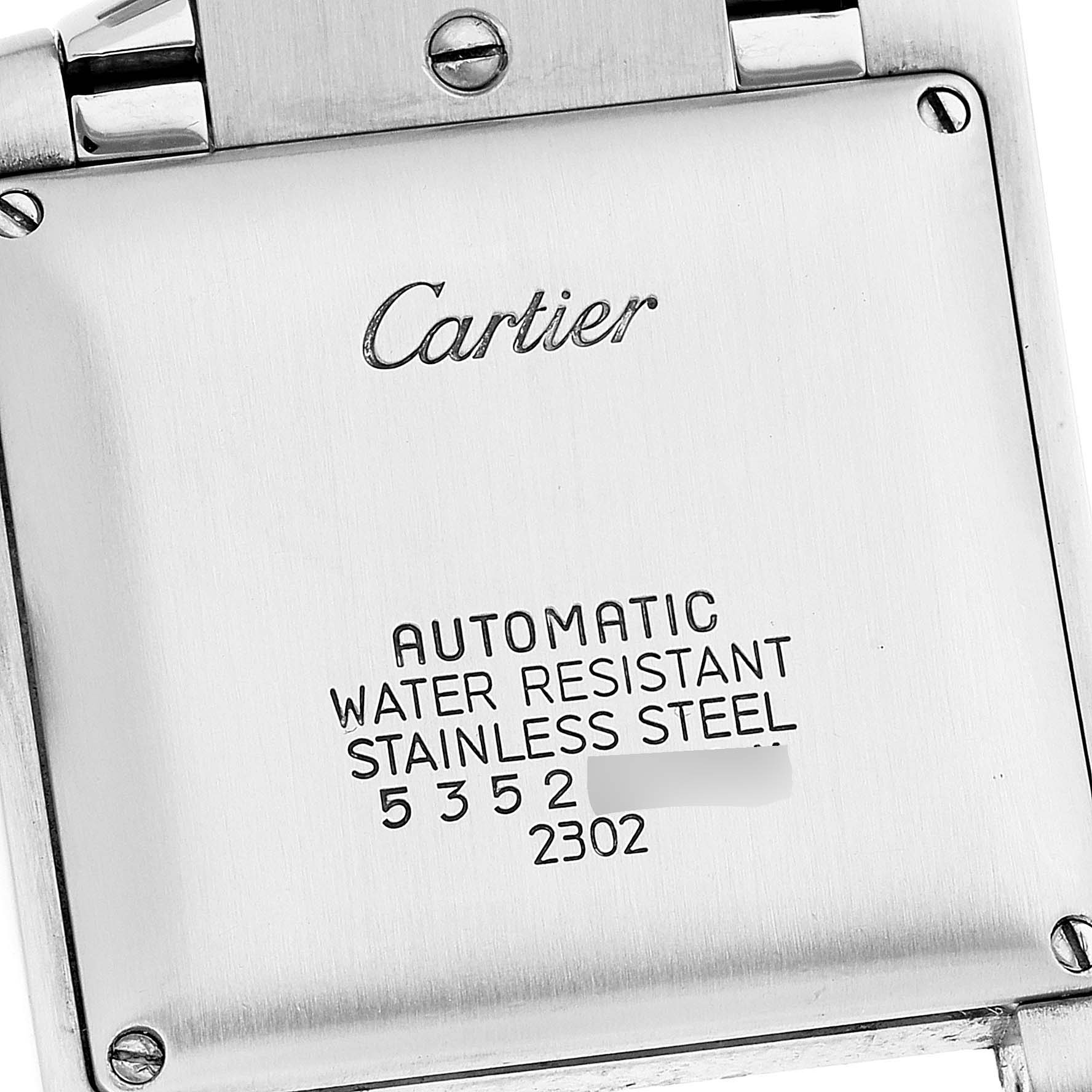The image shows the back of the Cartier Tank Française watch, highlighting the branding and specifications.