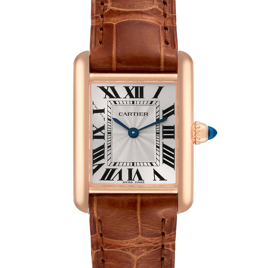 The image shows a frontal view of the Cartier Tank Louis watch, highlighting the face, strap, and crown.