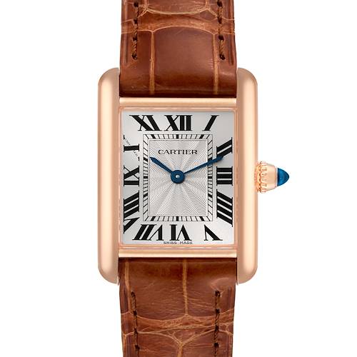 The image shows a front view of the Cartier Tank Louis watch, highlighting the face, strap, and crown detail.