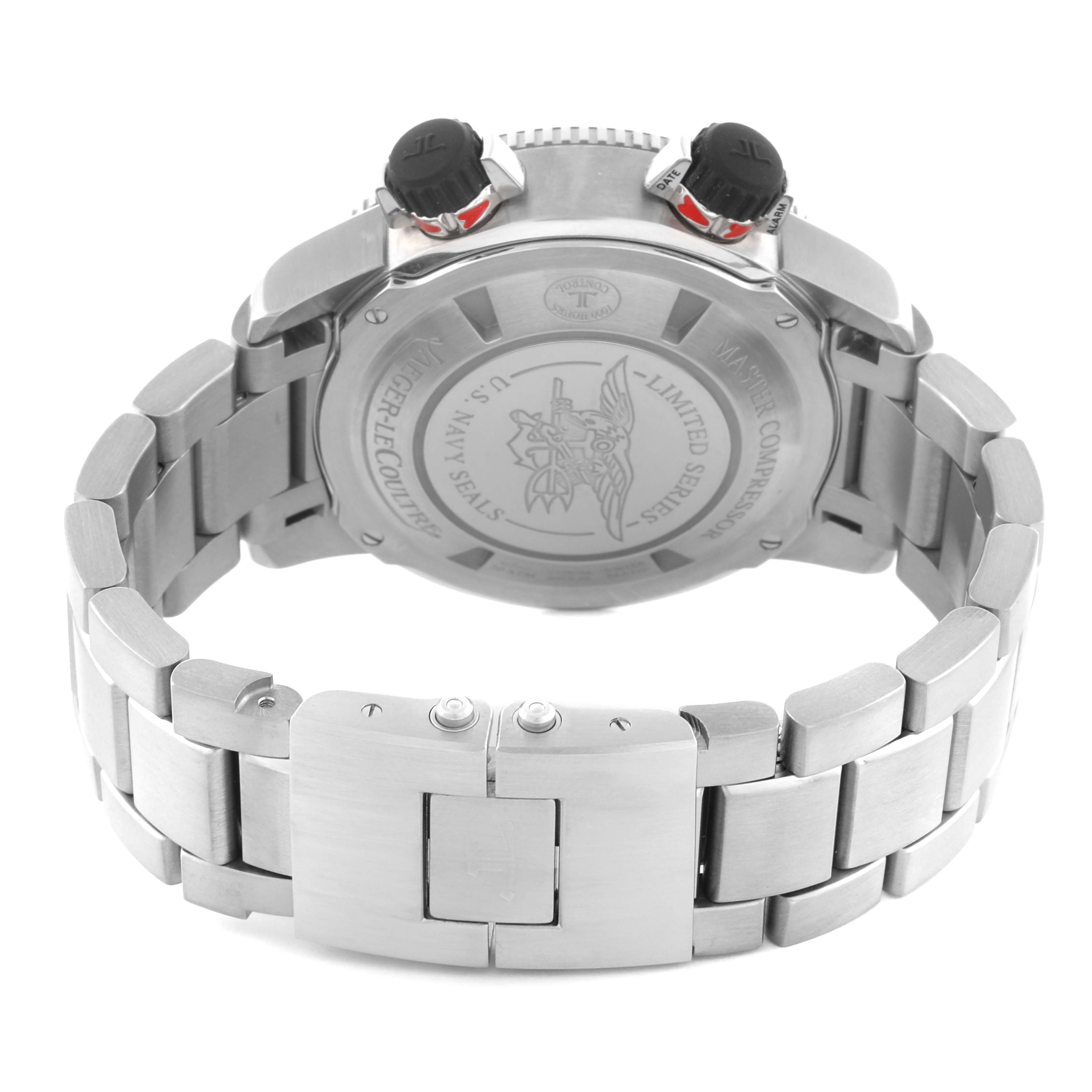 The image shows the back and bracelet of a Jaeger-LeCoultre Master model, highlighting the clasp and case back.