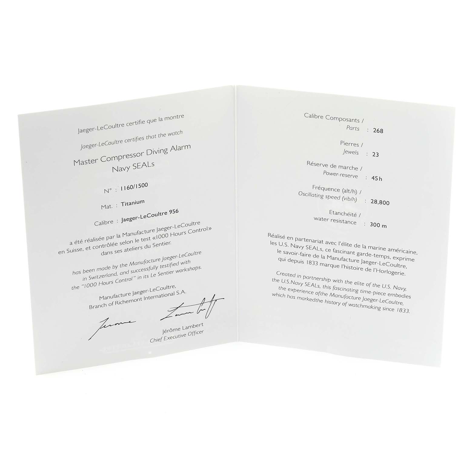 The image shows a certificate for the Jaeger-LeCoultre Master Compressor Diving Alarm Navy SEALS watch, detailing specifications and authenticity.
