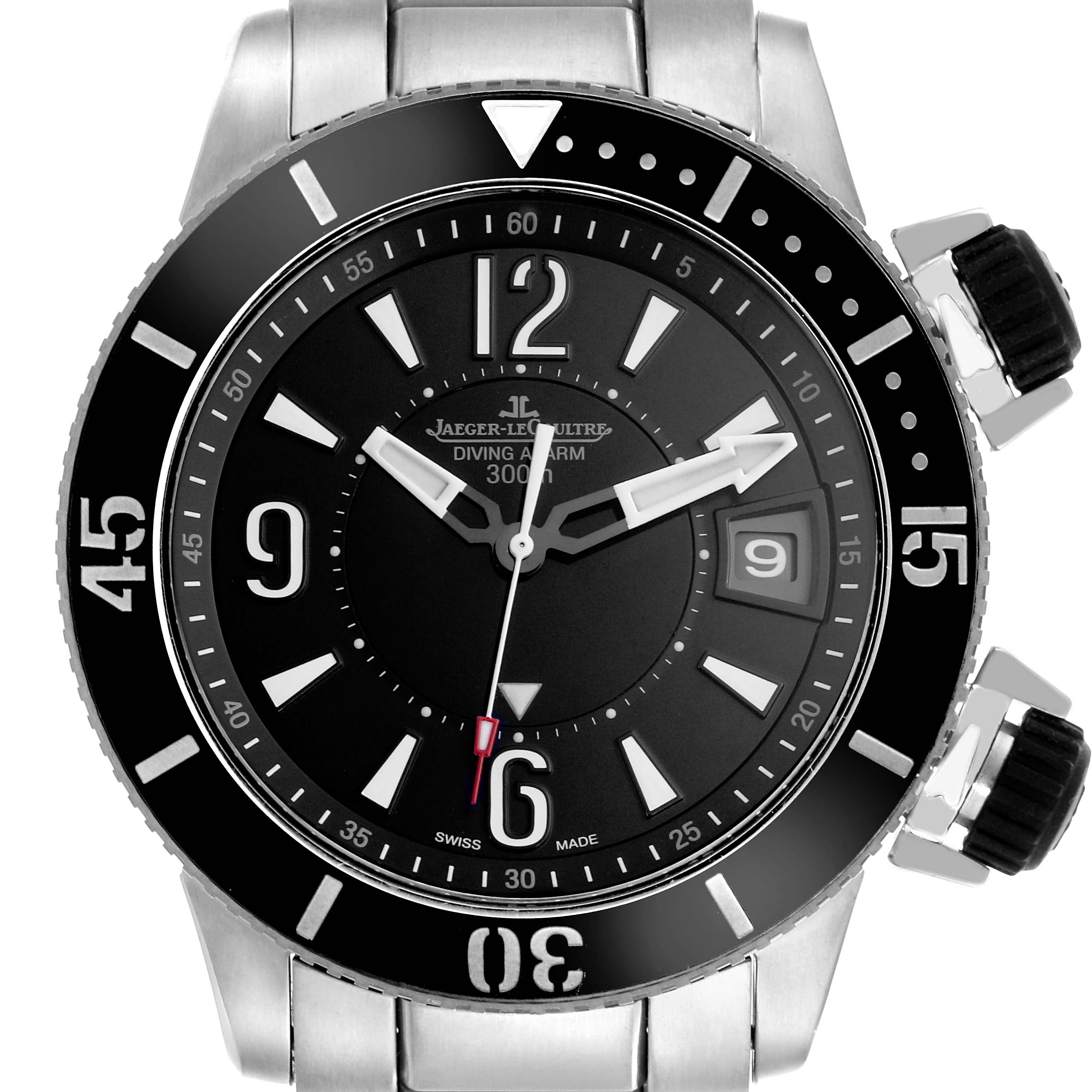 The Jaeger LeCoultre Master Q183T770 Men's Titanium Black Dial Q183T770 Men's Titanium Black Dial model watch is shown from the front, highlighting the dial, bezel, crown, and part of the bracelet.