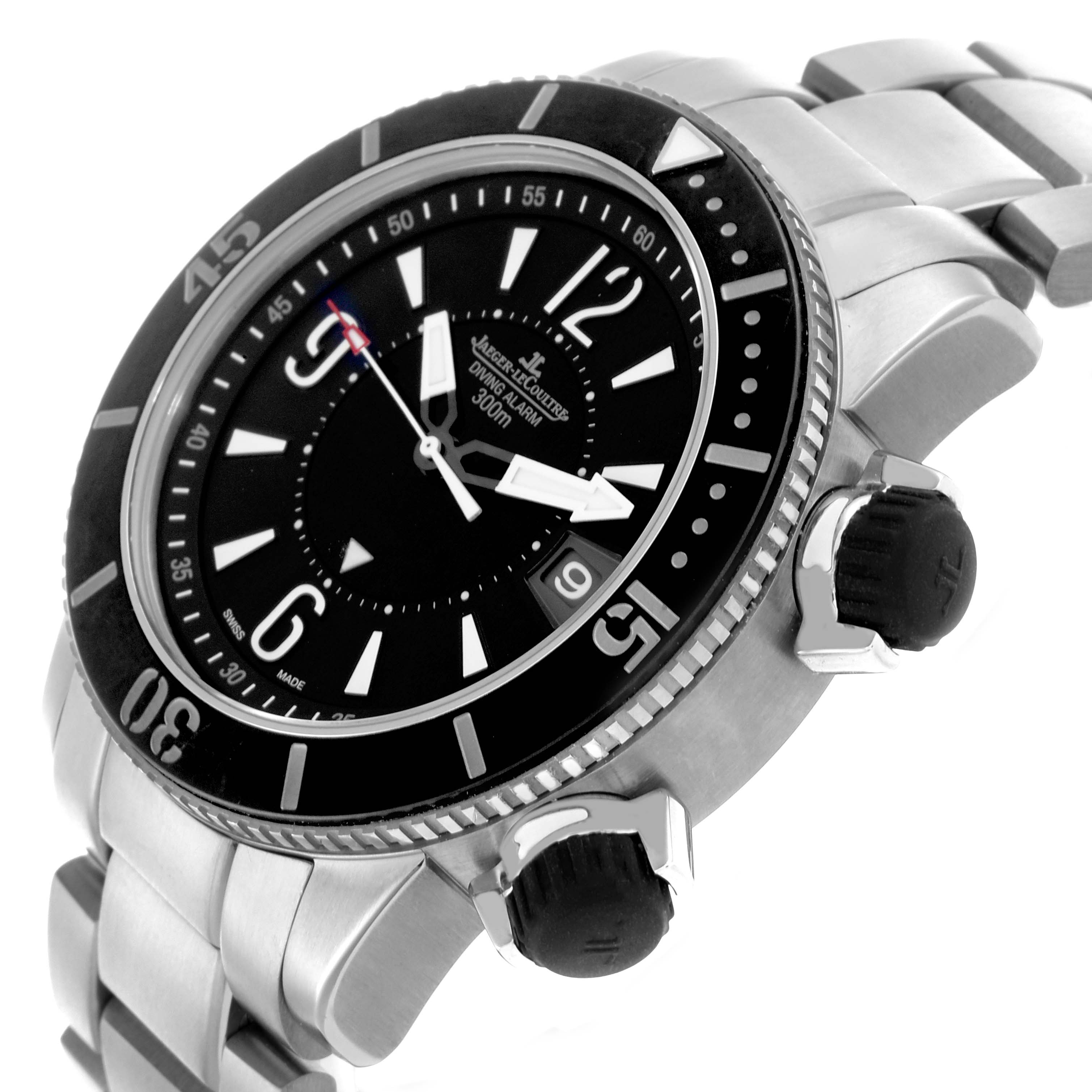 The Jaeger LeCoultre Master Q183T770 Men's Titanium Black Dial Q183T770 Men's Titanium Black Dial watch is shown at a slight angle, highlighting the face, bezel, crown, and part of the bracelet.