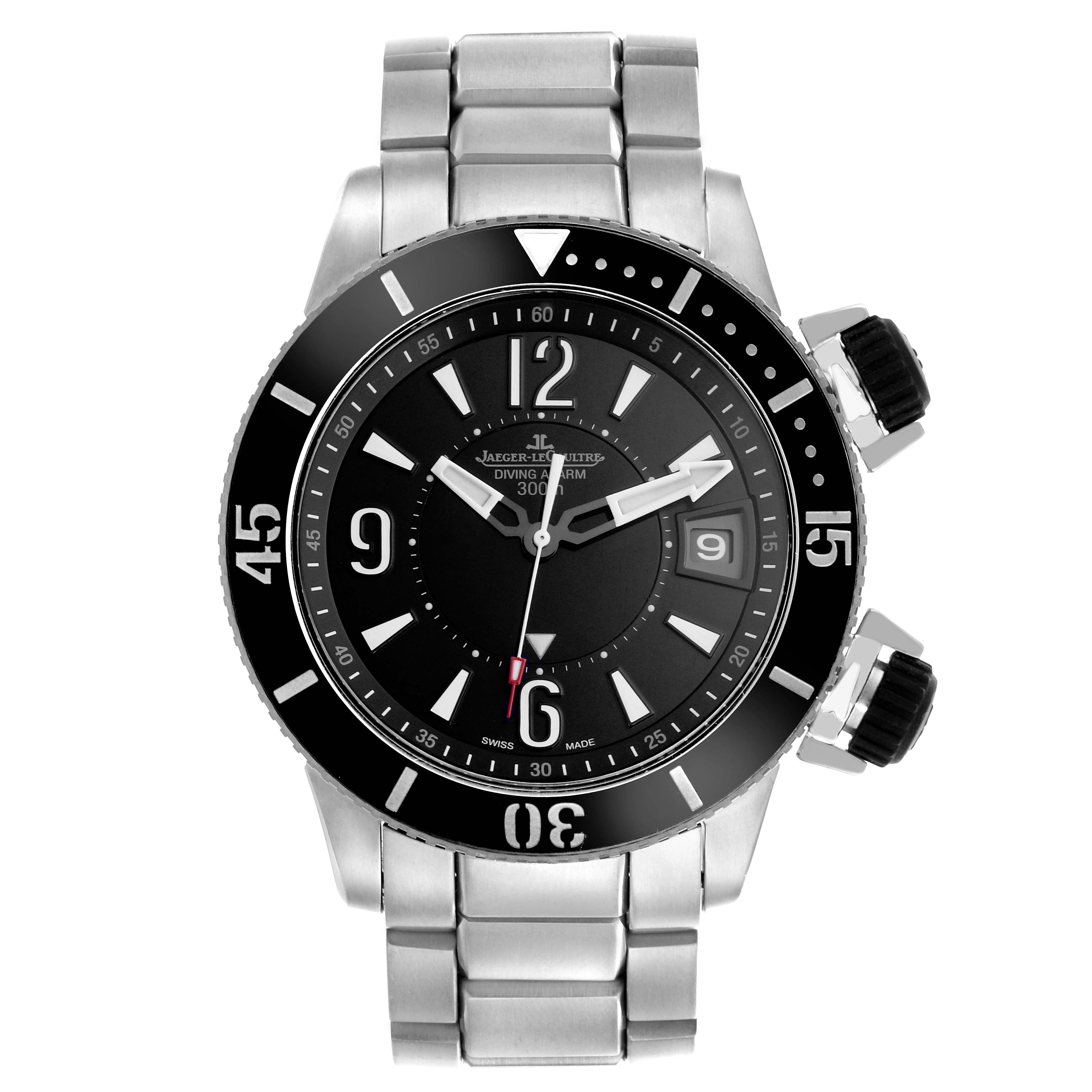 The Jaeger LeCoultre Master Q183T770 Men's Titanium Black Dial Q183T770 Men's Titanium Black Dial model watch is shown from a top view, displaying the dial, bezel, and stainless steel bracelet.