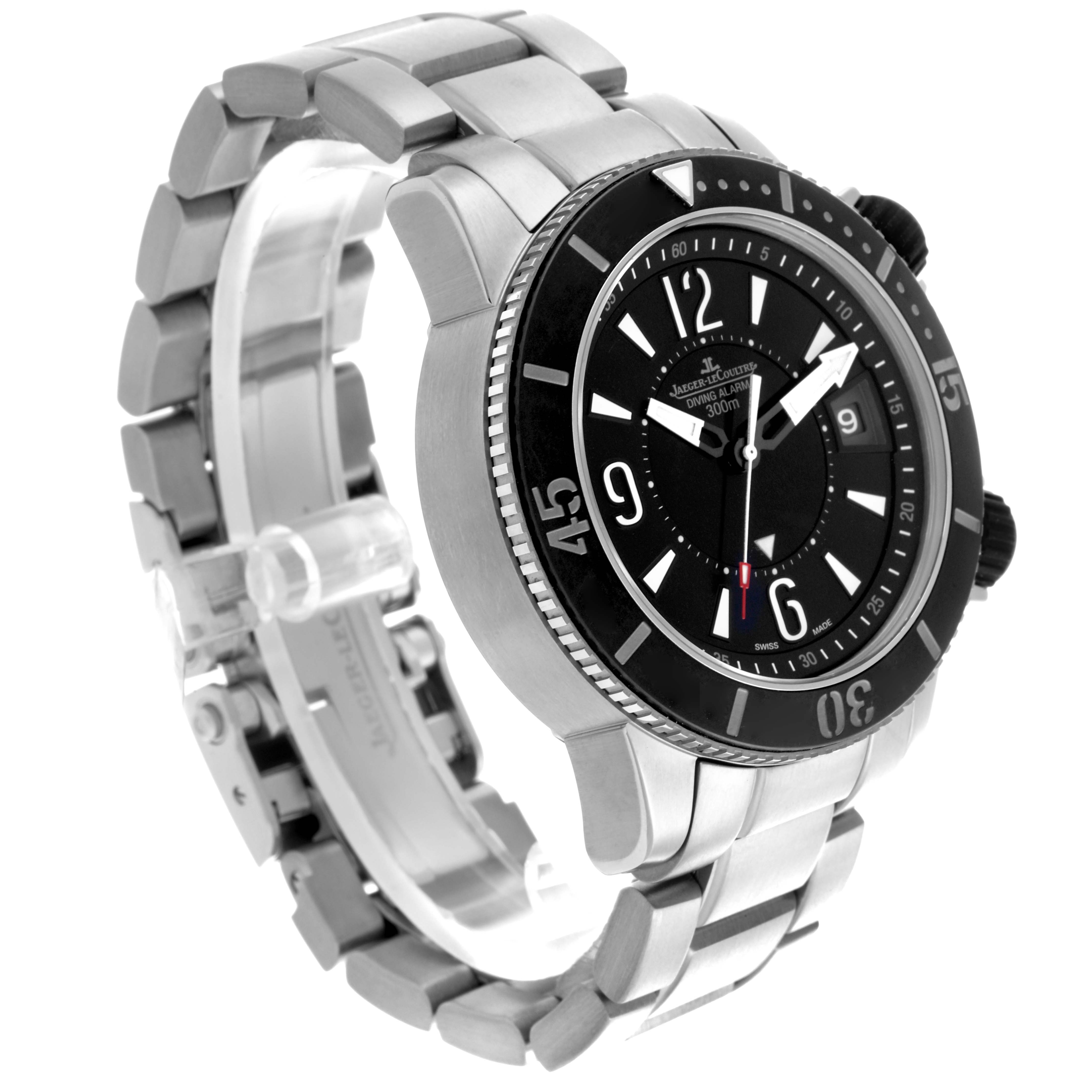 The Jaeger LeCoultre Master Q183T770 Men's Titanium Black Dial Q183T770 Men's Titanium Black Dial model watch is shown at an angled view, highlighting the face, bezel, and metal bracelet.