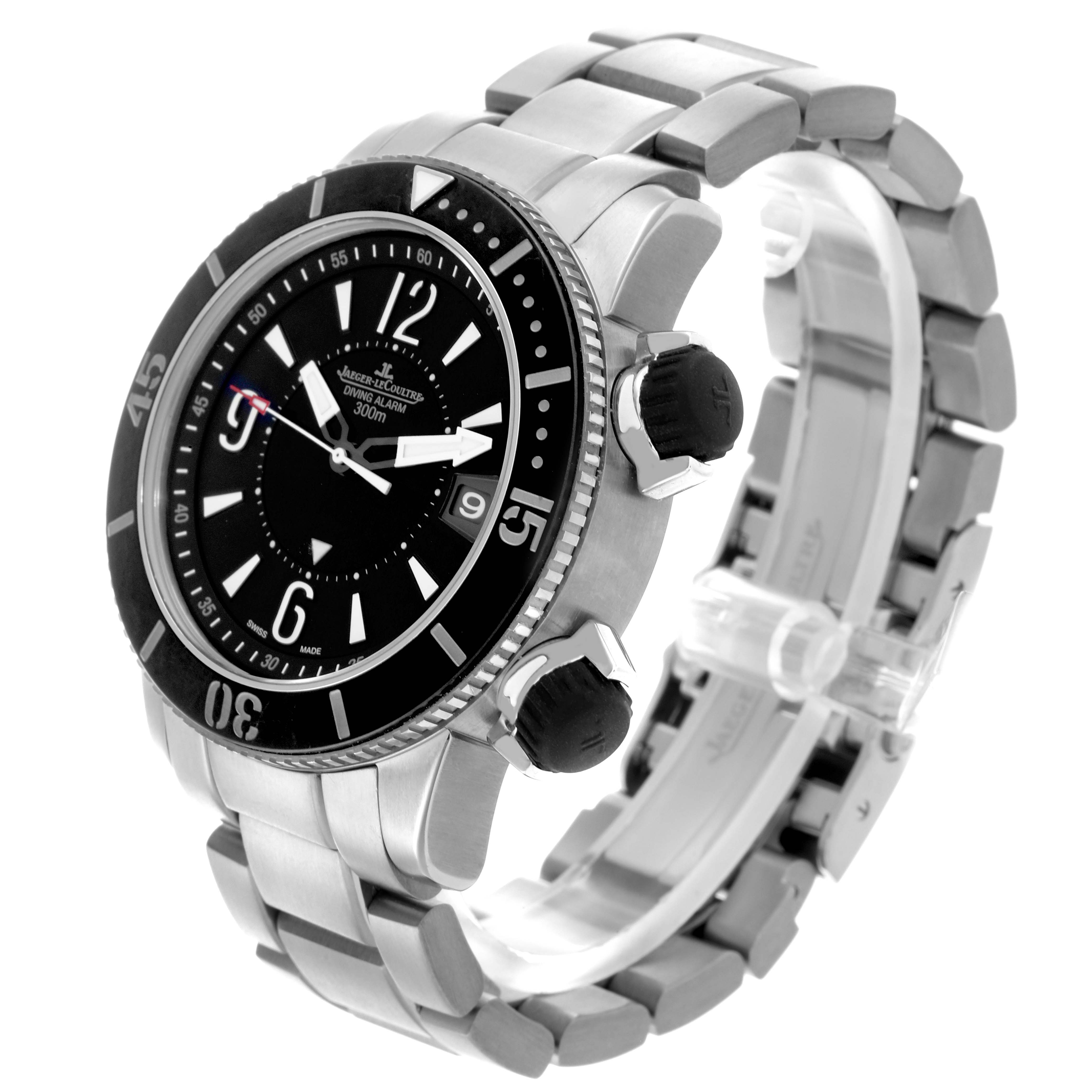 The Jaeger LeCoultre Master Q183T770 Men's Titanium Black Dial Q183T770 Men's Titanium Black Dial watch is shown at a three-quarter angle, highlighting the face, bezel, and metal bracelet.