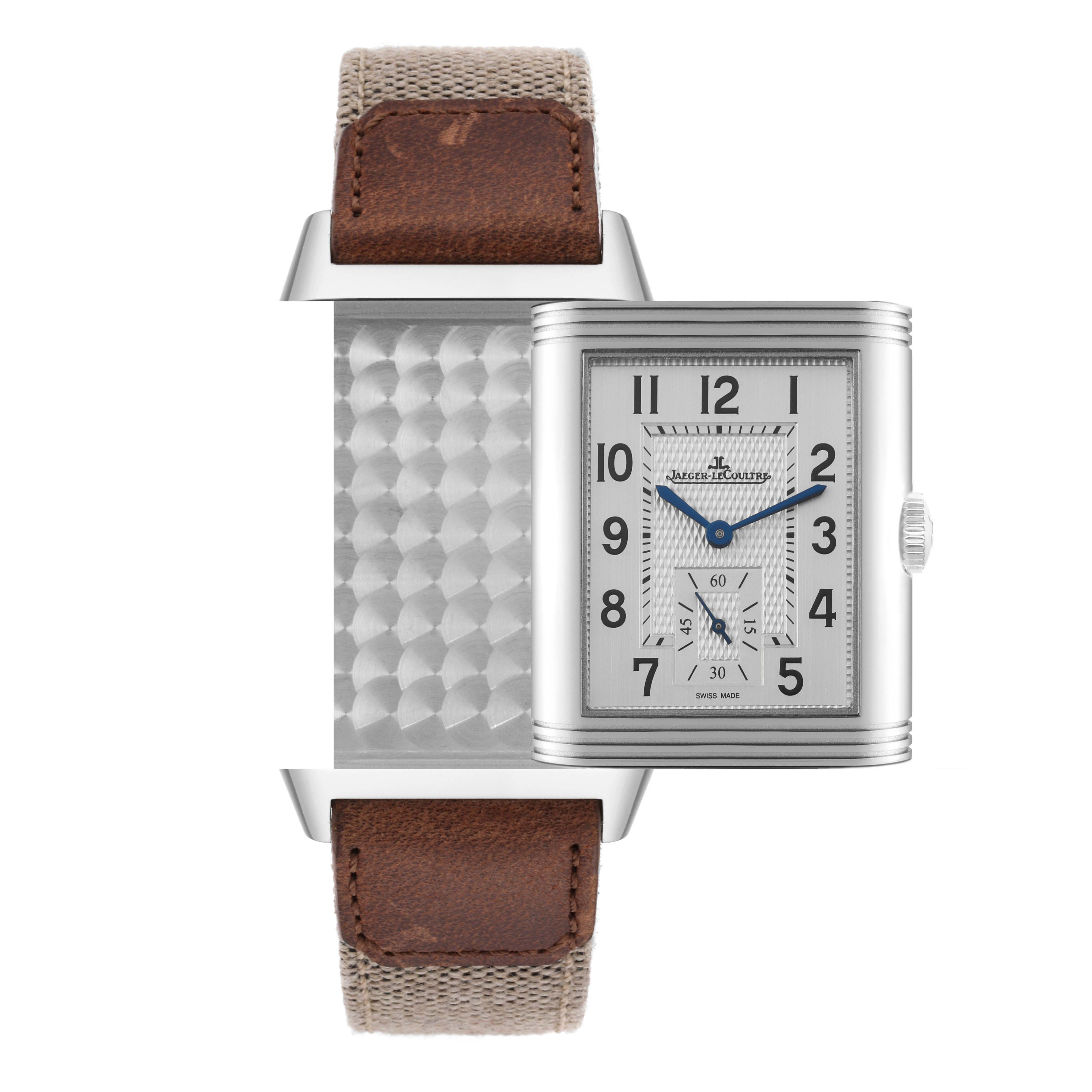 The image shows the front and side views of a Jaeger LeCoultre Reverso 215.8.D4 Q3848422 Men's Stainless Steel Silver Dial 215.8.D4 Q3848422 Men's Stainless Steel Silver Dial watch with its reversible case partially flipped and beige and brown straps.