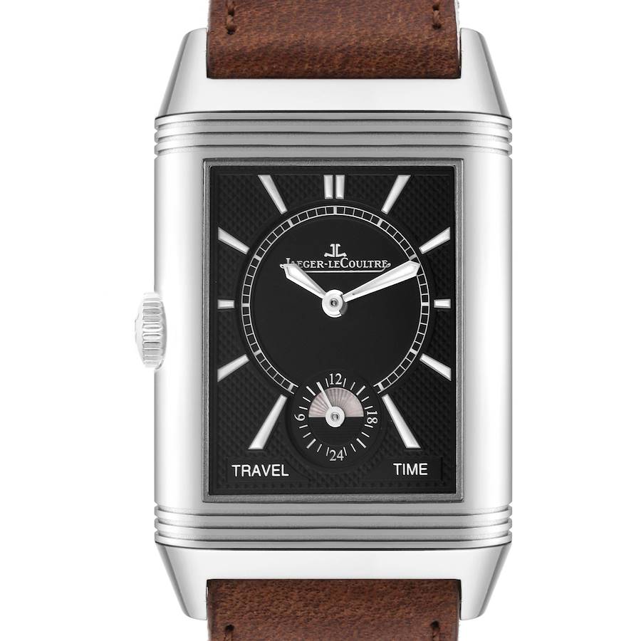 This image shows the front view of the Jaeger-LeCoultre Reverso watch, highlighting its face, dial, and leather strap.