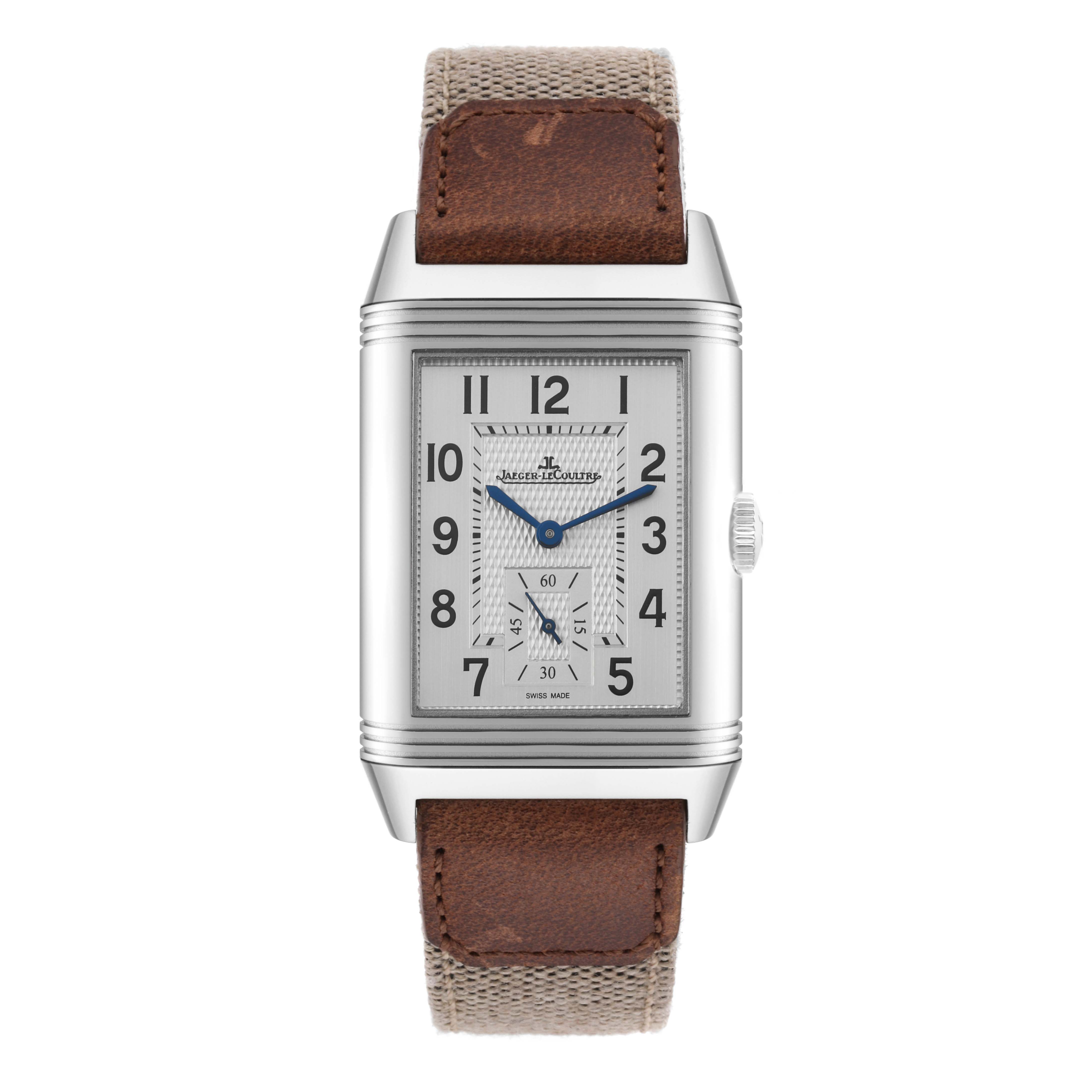 The image shows a front view of the Jaeger LeCoultre Reverso 215.8.D4 Q3848422 Men's Stainless Steel Silver Dial 215.8.D4 Q3848422 Men's Stainless Steel Silver Dial watch, including its rectangular face, hands, numerals, and leather strap.
