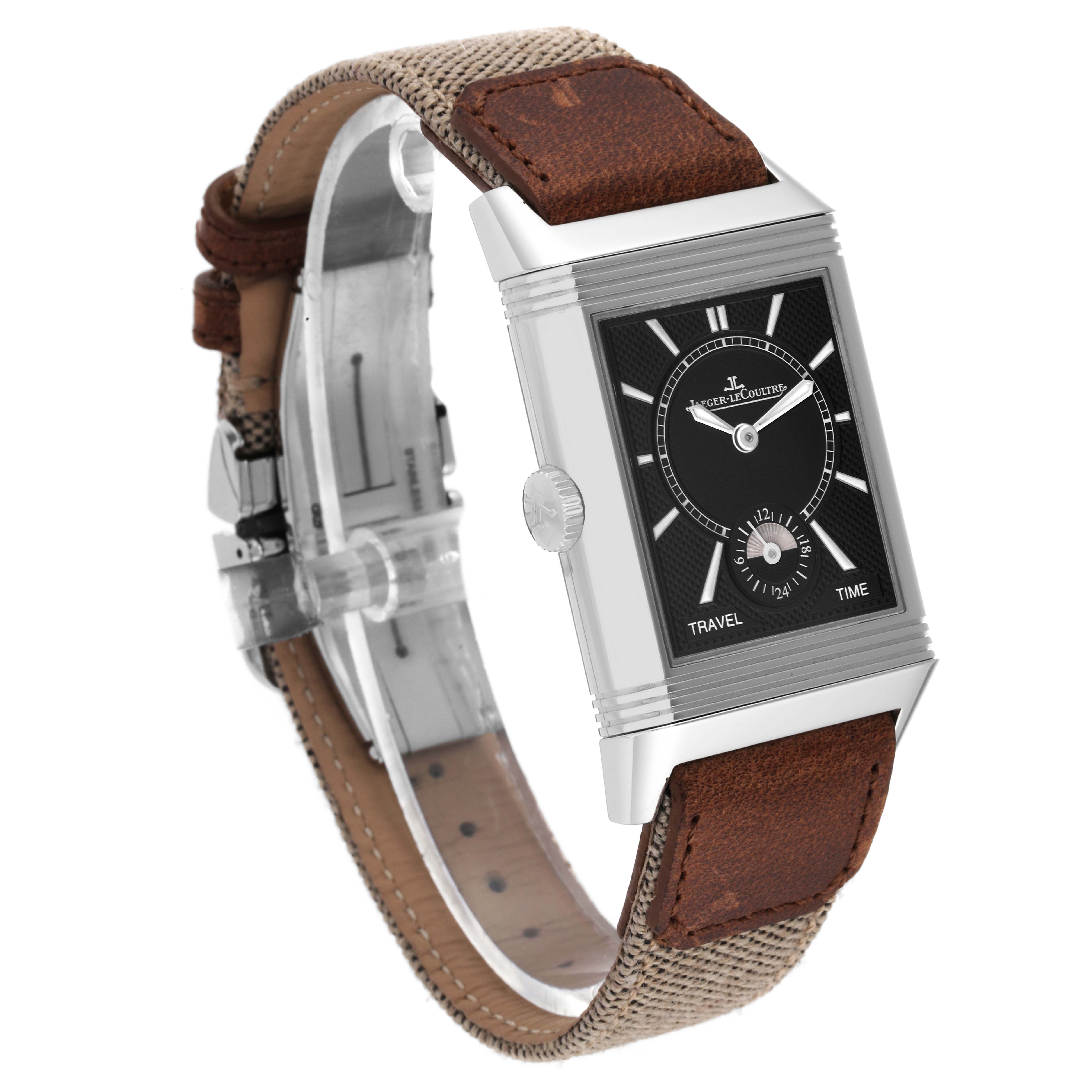 The image shows a Jaeger LeCoultre Reverso 215.8.D4 Q3848422 Men's Stainless Steel Silver Dial 215.8.D4 Q3848422 Men's Stainless Steel Silver Dial model watch at a three-quarter angle, highlighting its face and dual-tone strap.