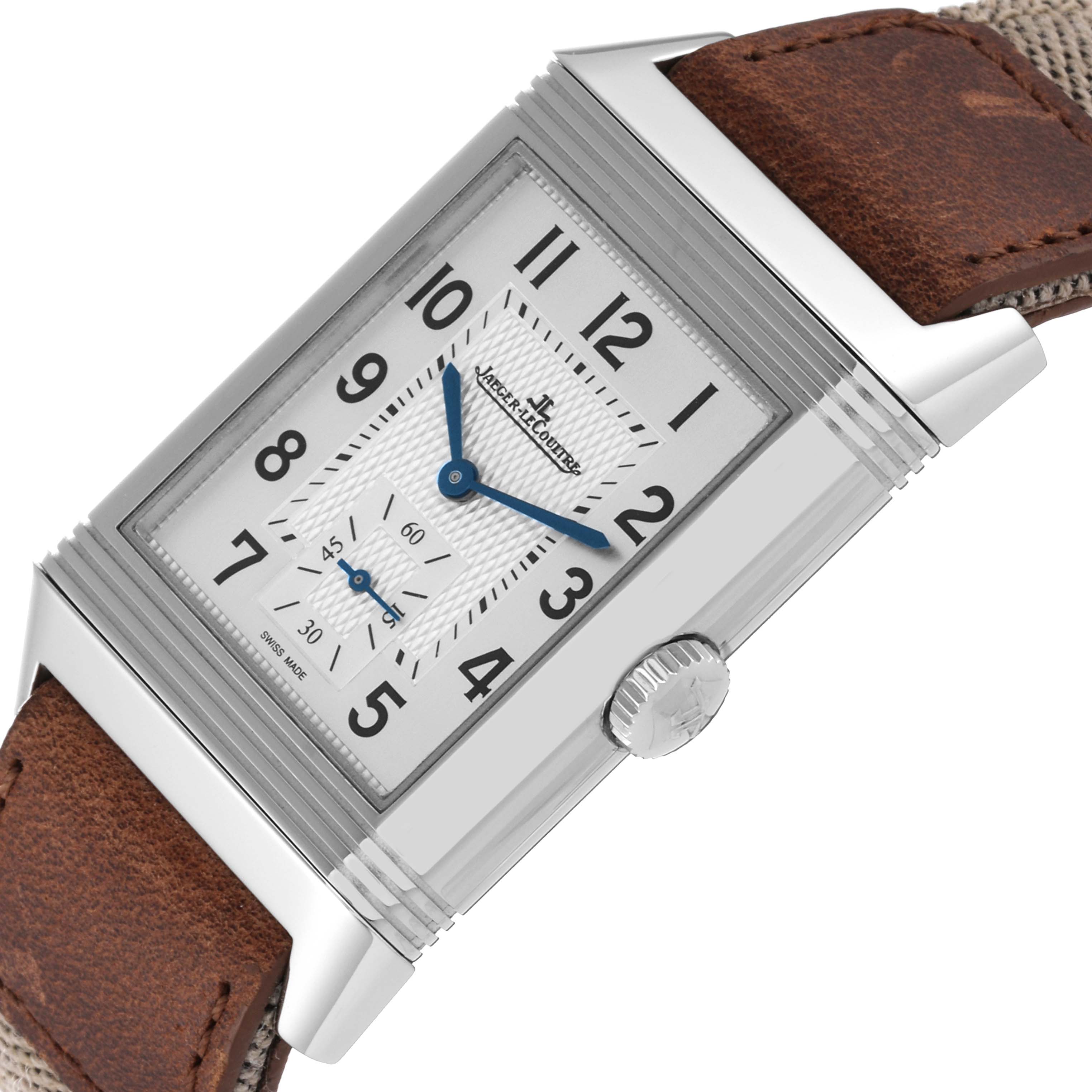 The Jaeger LeCoultre Reverso 215.8.D4 Q3848422 Men's Stainless Steel Silver Dial 215.8.D4 Q3848422 Men's Stainless Steel Silver Dial watch is shown from a slight angle, highlighting the dial, crown, and part of the strap.