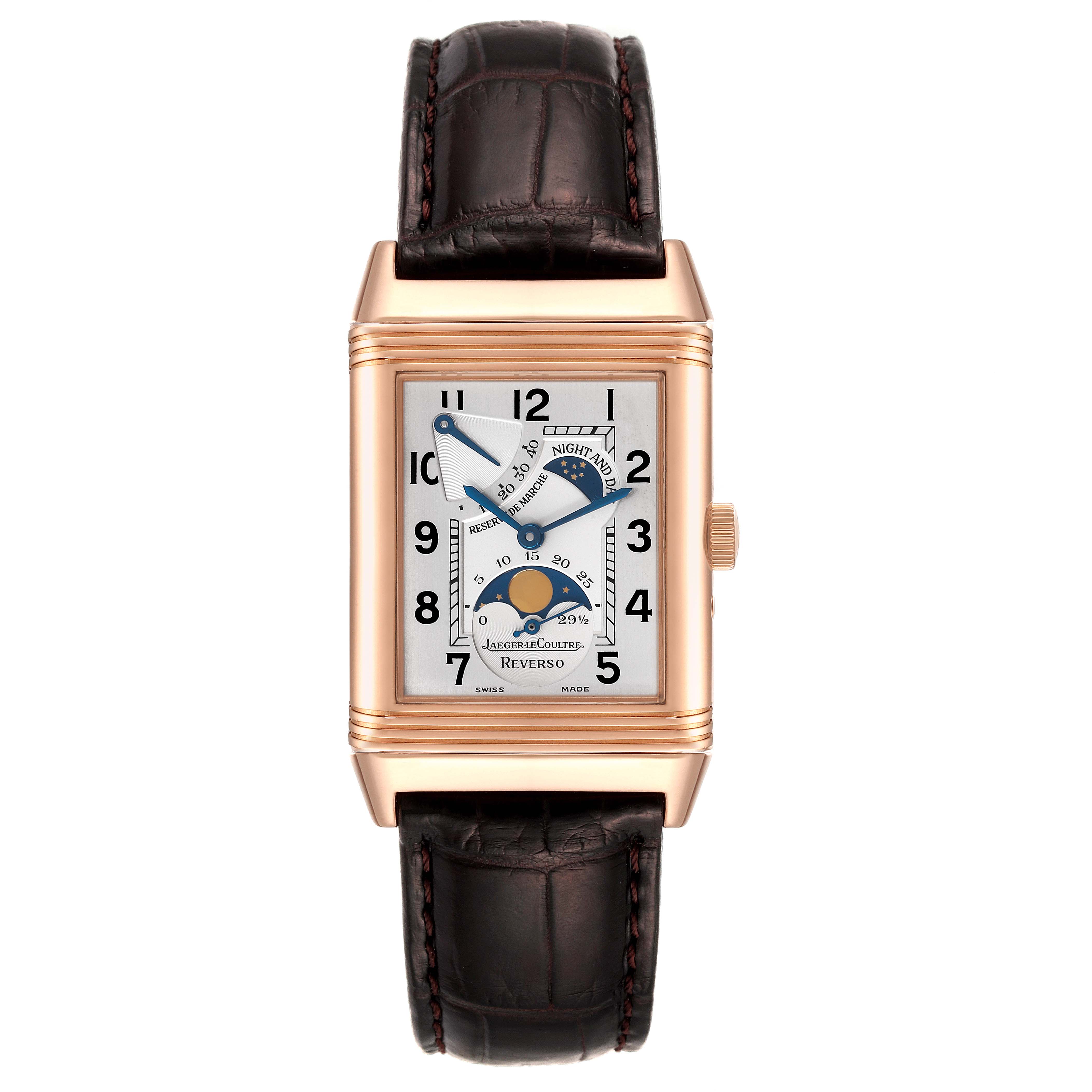This is a front view of the Jaeger LeCoultre Reverso Q2752420 Men
s Rose Gold Silver Dial Q2752420 Men
s Rose Gold Silver Dial watch showing the dial, case, crown, and leather strap.