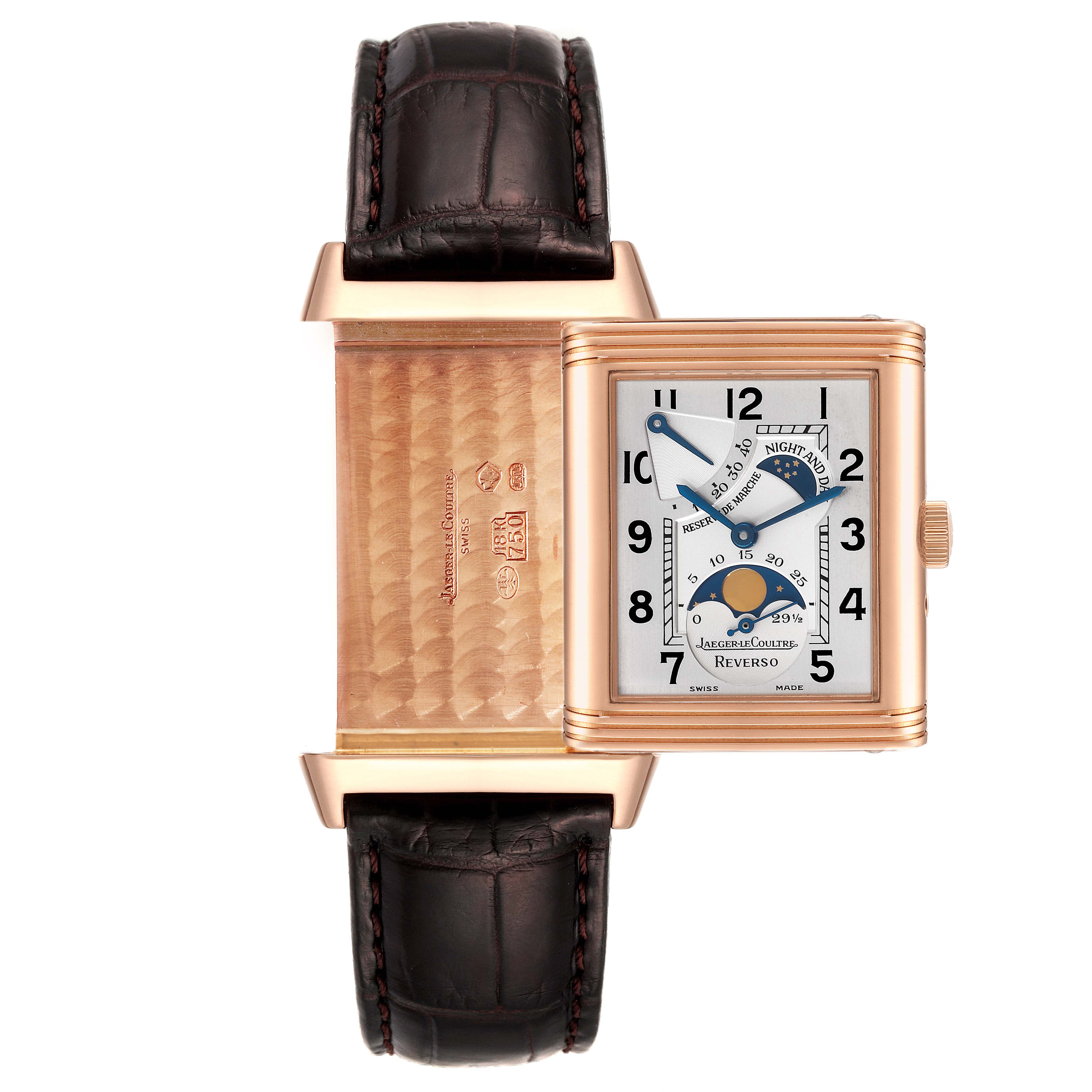 This image shows the Jaeger LeCoultre Reverso Q2752420 Men
s Rose Gold Silver Dial Q2752420 Men
s Rose Gold Silver Dial watch with its reversible case partially open, revealing both the front dial and the back.