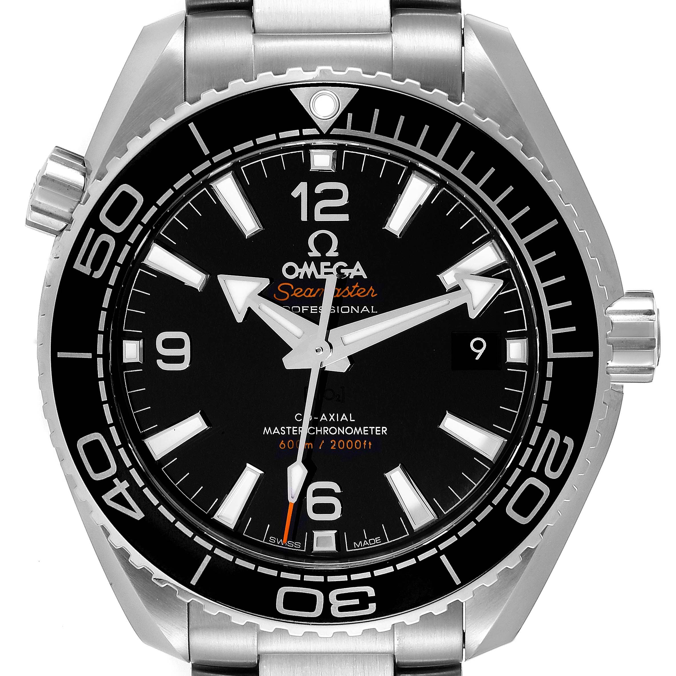 The image shows a front view of the Omega Planet Ocean 215.30.40.20.01.001 Men's Stainless Steel Black Dial 215.30.40.20.01.001 Men's Stainless Steel Black Dial Seamaster watch, highlighting the dial, bezel, and crown.