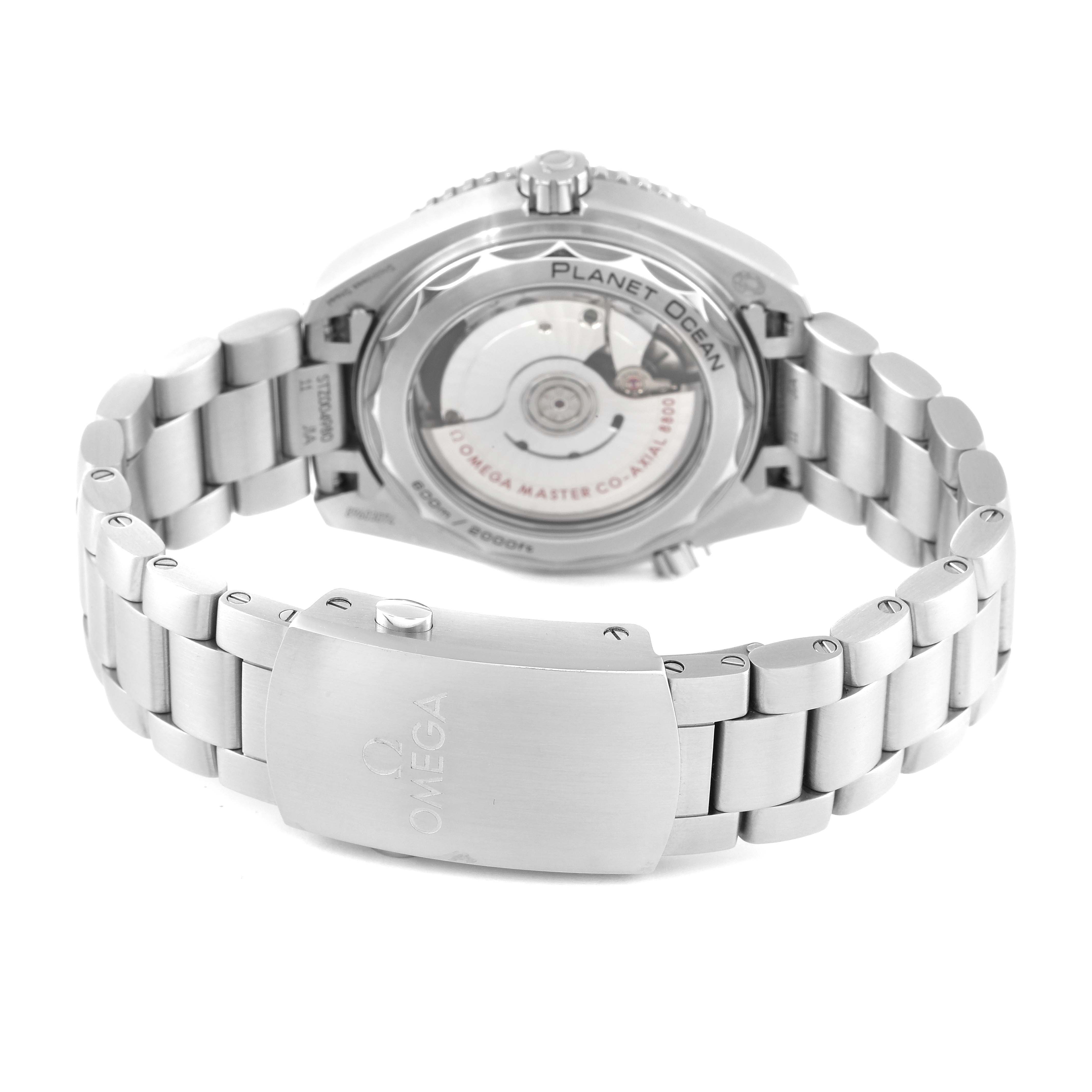 The image displays the backside and bracelet clasp of an Omega Planet Ocean 215.30.40.20.01.001 Men's Stainless Steel Black Dial 215.30.40.20.01.001 Men's Stainless Steel Black Dial watch, highlighting the movement and branded clasp.