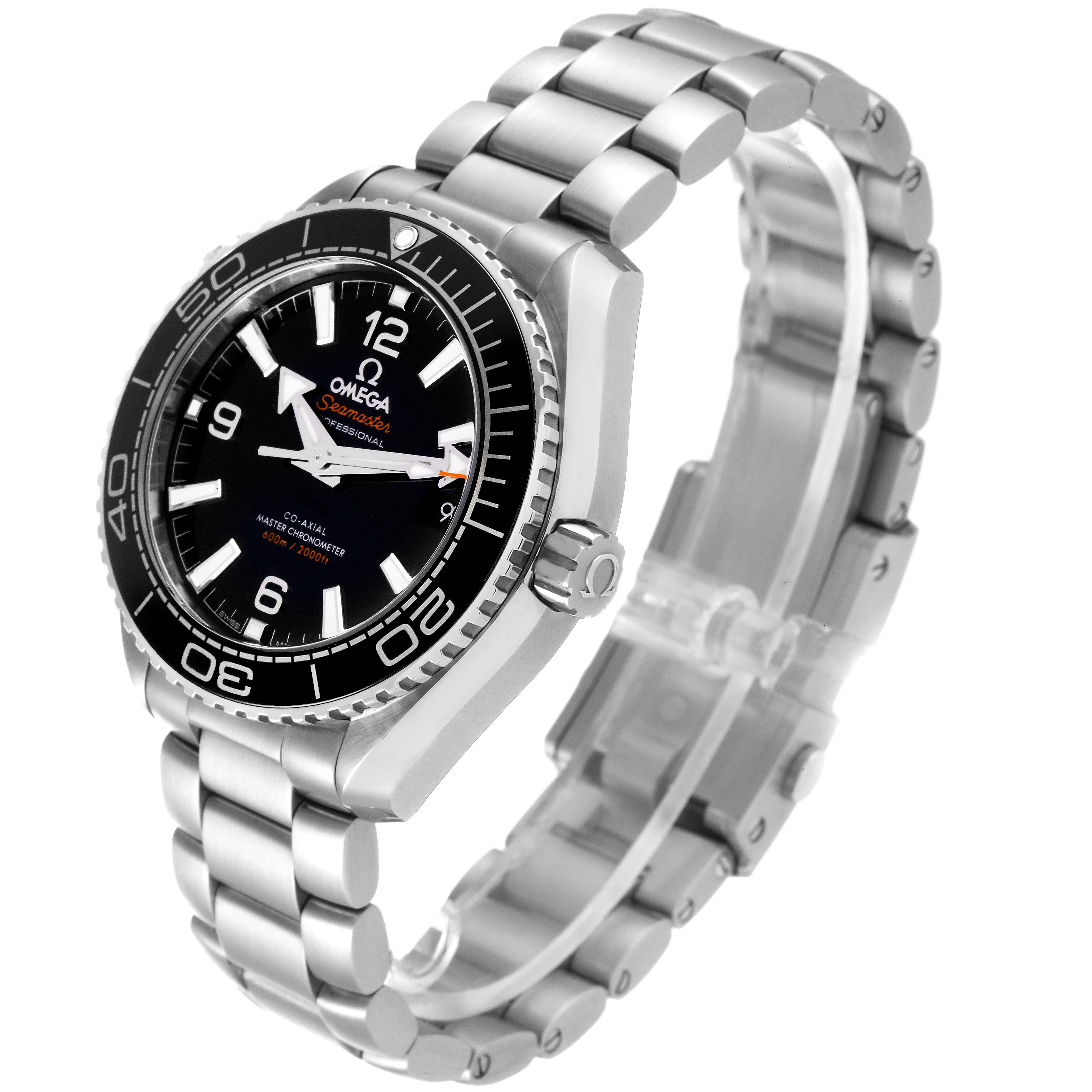 The Omega Planet Ocean 215.30.40.20.01.001 Men's Stainless Steel Black Dial 215.30.40.20.01.001 Men's Stainless Steel Black Dial watch is shown at an oblique angle, highlighting its black dial, bezel, and stainless steel bracelet.