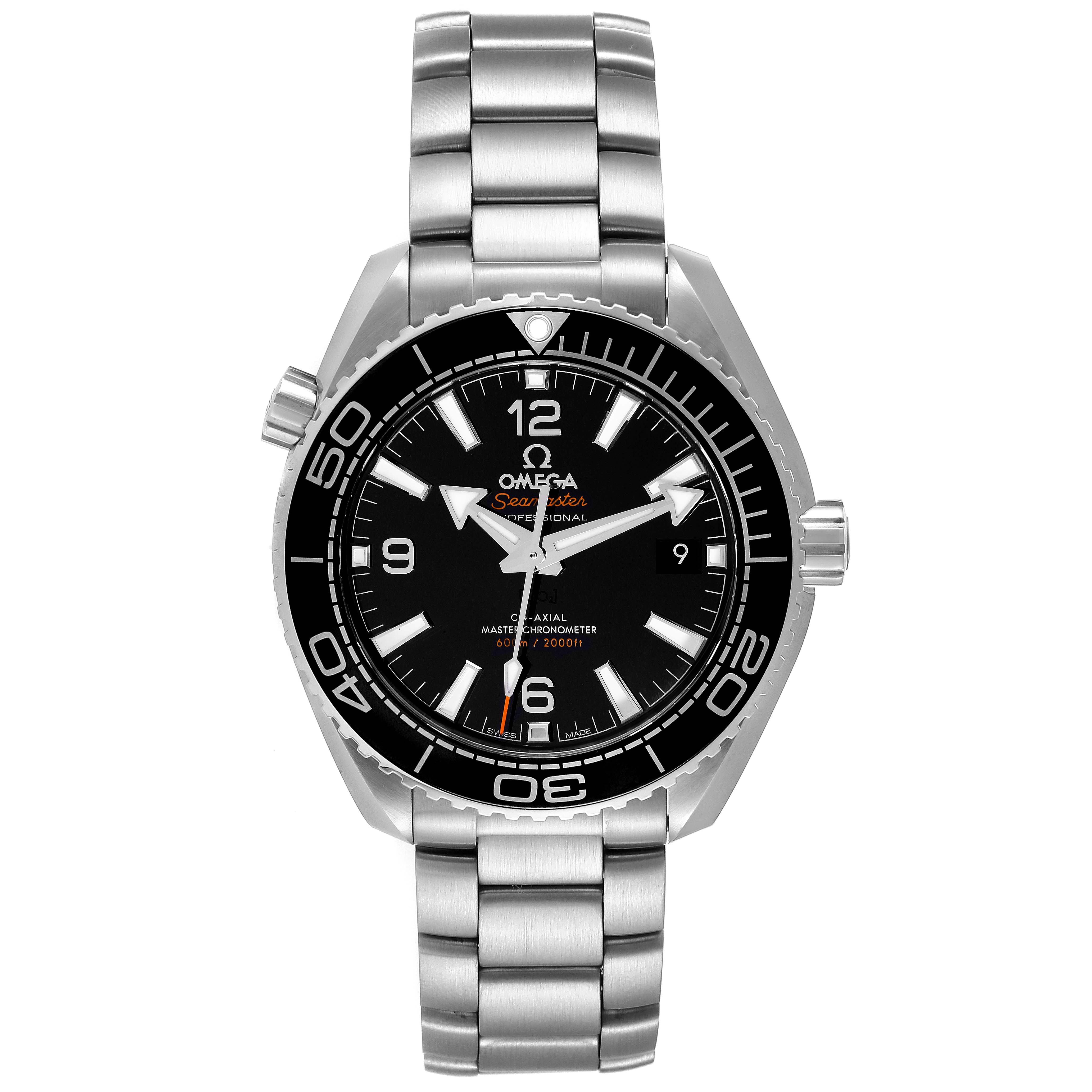 The image shows a frontal view of the Omega Planet Ocean 215.30.40.20.01.001 Men's Stainless Steel Black Dial 215.30.40.20.01.001 Men's Stainless Steel Black Dial watch, highlighting its black dial, bezel, and stainless steel bracelet.