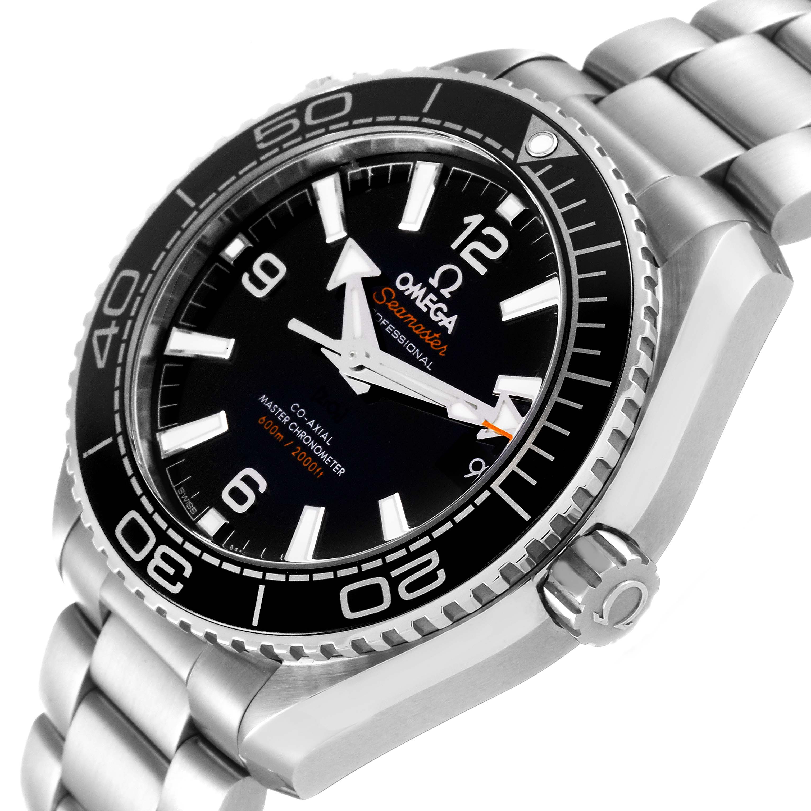 The Omega Planet Ocean 215.30.40.20.01.001 Men's Stainless Steel Black Dial 215.30.40.20.01.001 Men's Stainless Steel Black Dial watch is shown at a three-quarter angle, highlighting the bezel, dial, and part of the bracelet.