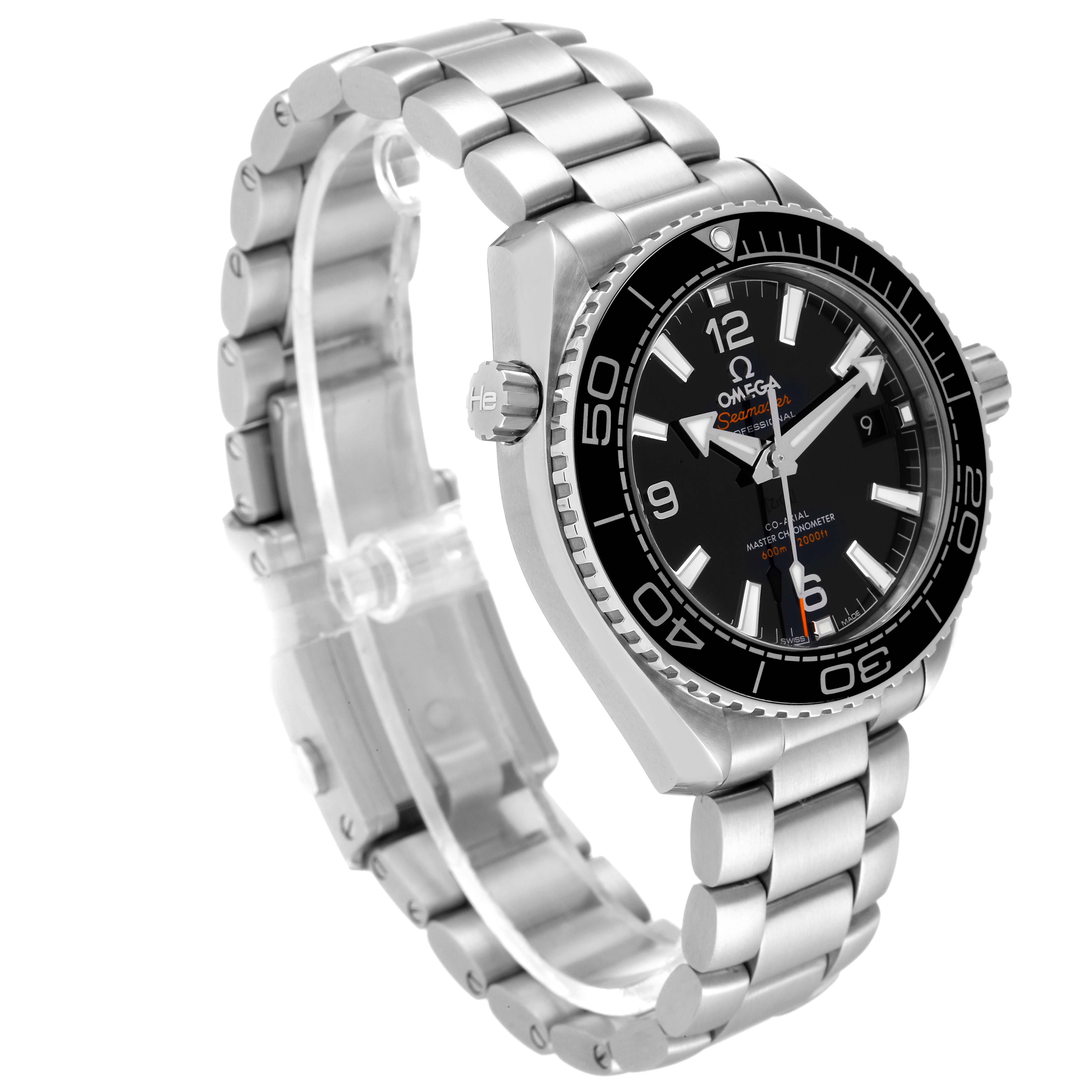 The image shows a front-side angle of an Omega Planet Ocean 215.30.40.20.01.001 Men's Stainless Steel Black Dial 215.30.40.20.01.001 Men's Stainless Steel Black Dial watch, displaying the face, bezel, case, and metal bracelet.