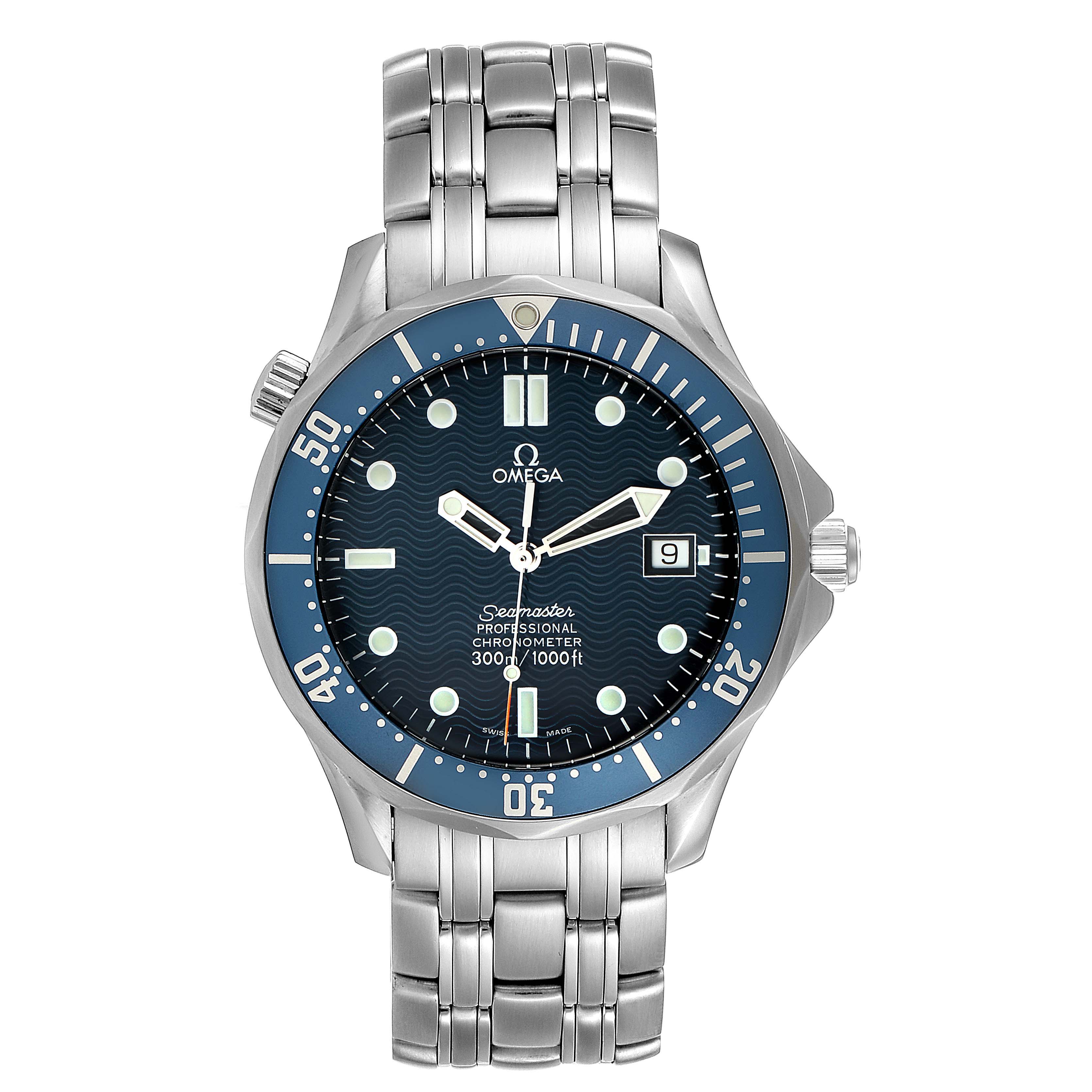 This image shows a front view of the Omega Seamaster 2531.80.00 Men
s Stainless Steel Blue Dial 2531.80.00 Men
s Stainless Steel Blue Dial watch, featuring its blue bezel, dial, and stainless steel bracelet.