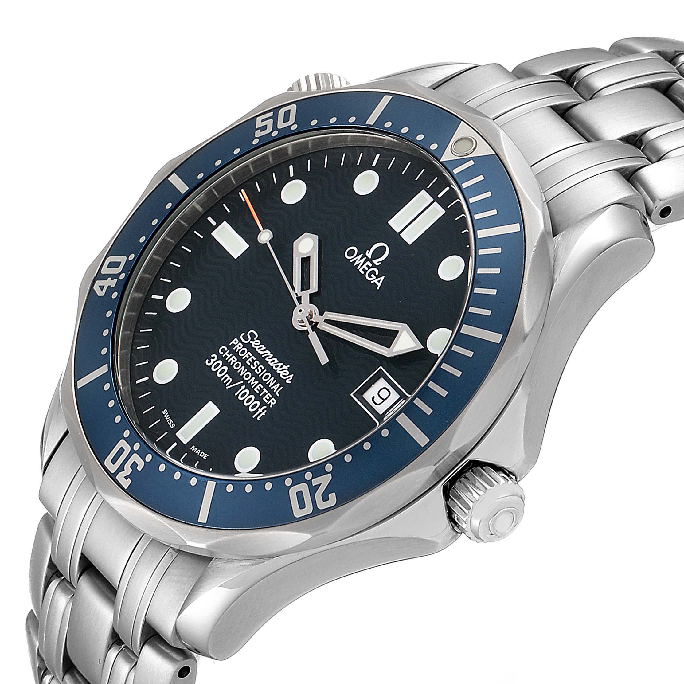 The Omega Seamaster 2531.80.00 Men
s Stainless Steel Blue Dial 2531.80.00 Men
s Stainless Steel Blue Dial watch is shown from an angled top view, displaying its bezel, dial, hands, and metal bracelet.