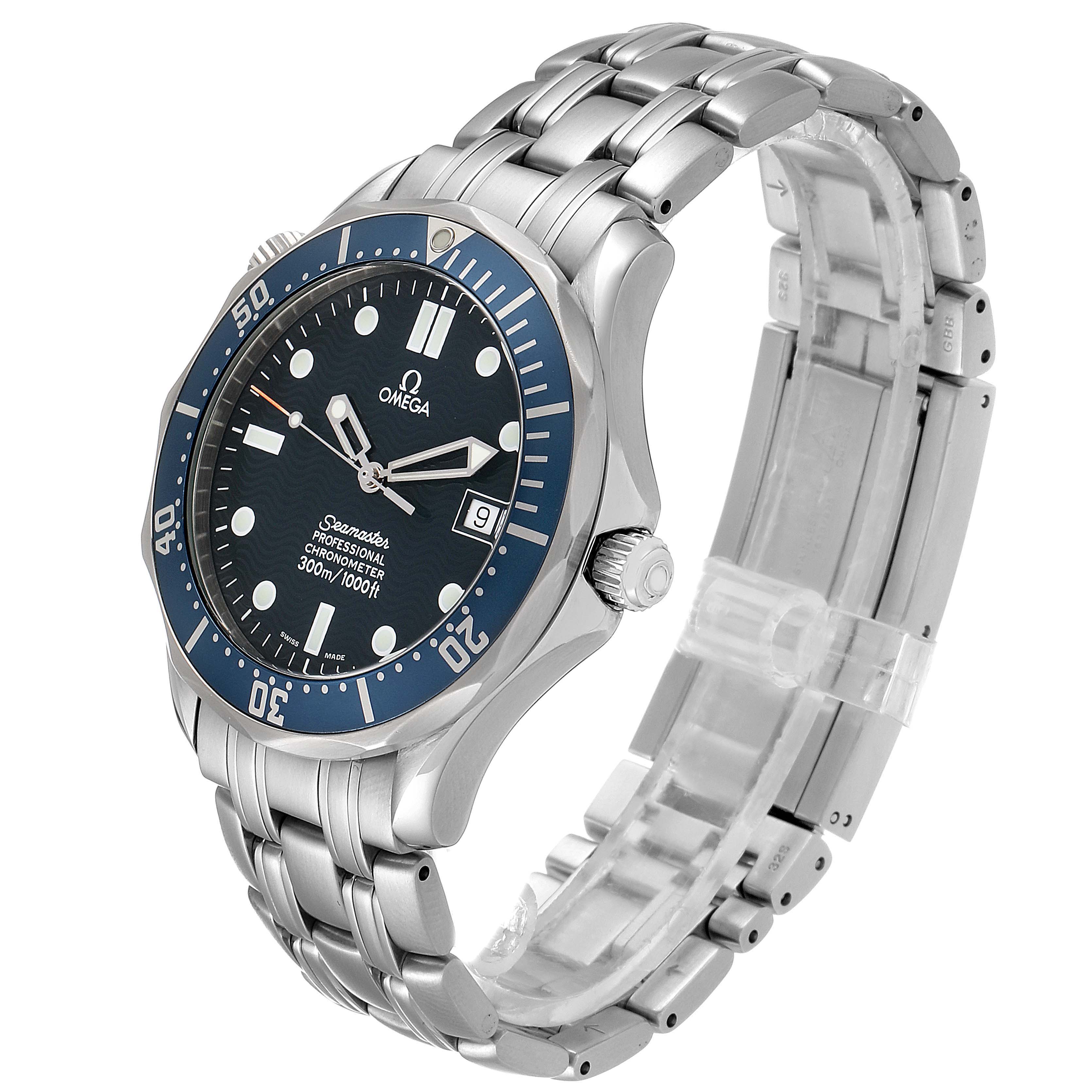 The image shows an Omega Seamaster 2531.80.00 Men
s Stainless Steel Blue Dial 2531.80.00 Men
s Stainless Steel Blue Dial watch from a front-side angle, highlighting the bezel, dial, bracelet, and crown.