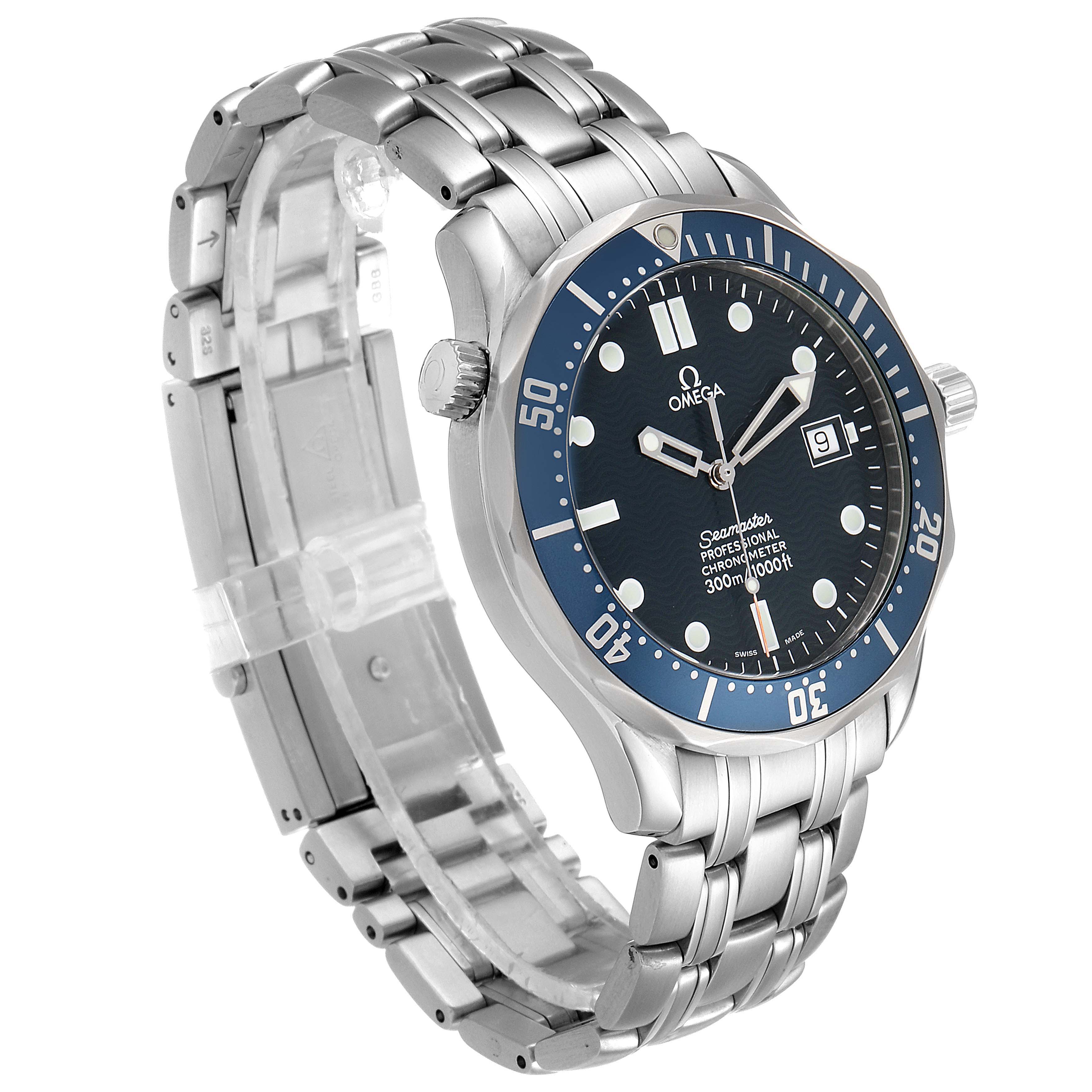The image shows an Omega Seamaster 2531.80.00 Men
s Stainless Steel Blue Dial 2531.80.00 Men
s Stainless Steel Blue Dial watch from a three-quarter angle, highlighting its face, bezel, and stainless steel bracelet.