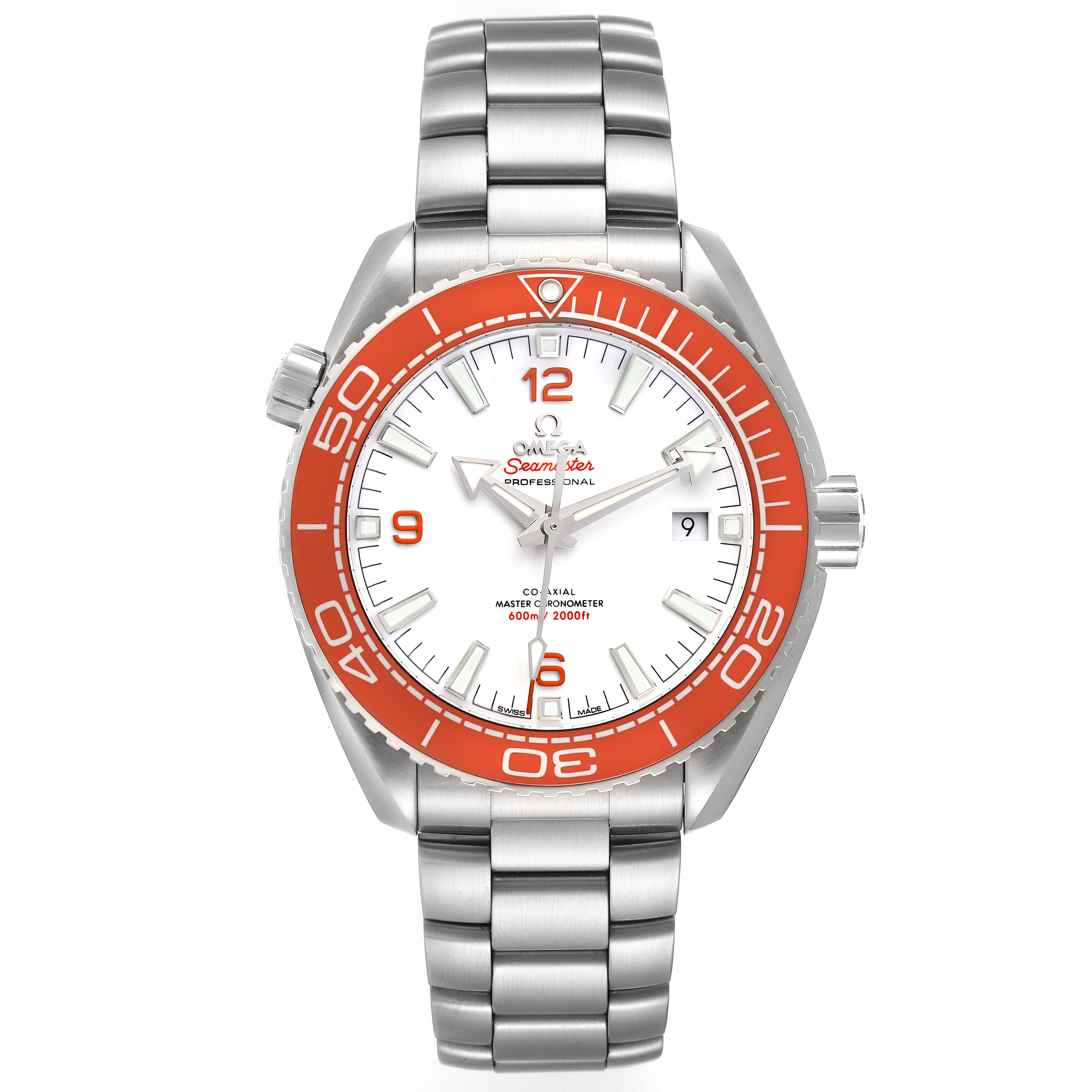 The image shows a front view of the Omega Planet Ocean 215.30.44.21.04.001 Men
s Stainless Steel White Dial 215.30.44.21.04.001 Men
s Stainless Steel White Dial watch with a stainless steel bracelet and an orange bezel.