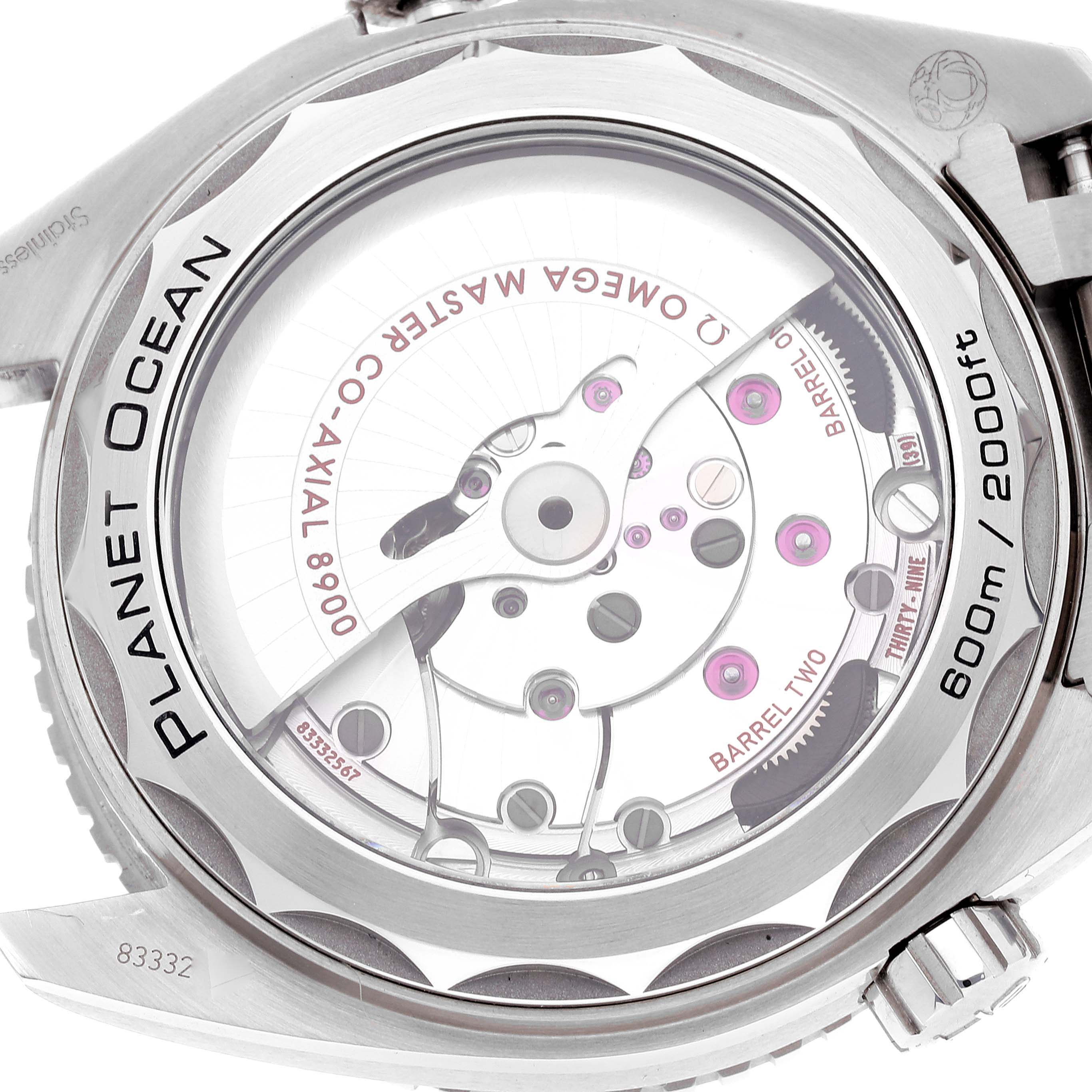 This image shows the back side of the Omega Planet Ocean 215.30.44.21.04.001 Men
s Stainless Steel White Dial 215.30.44.21.04.001 Men
s Stainless Steel White Dial watch, highlighting its movement mechanism and specifications.