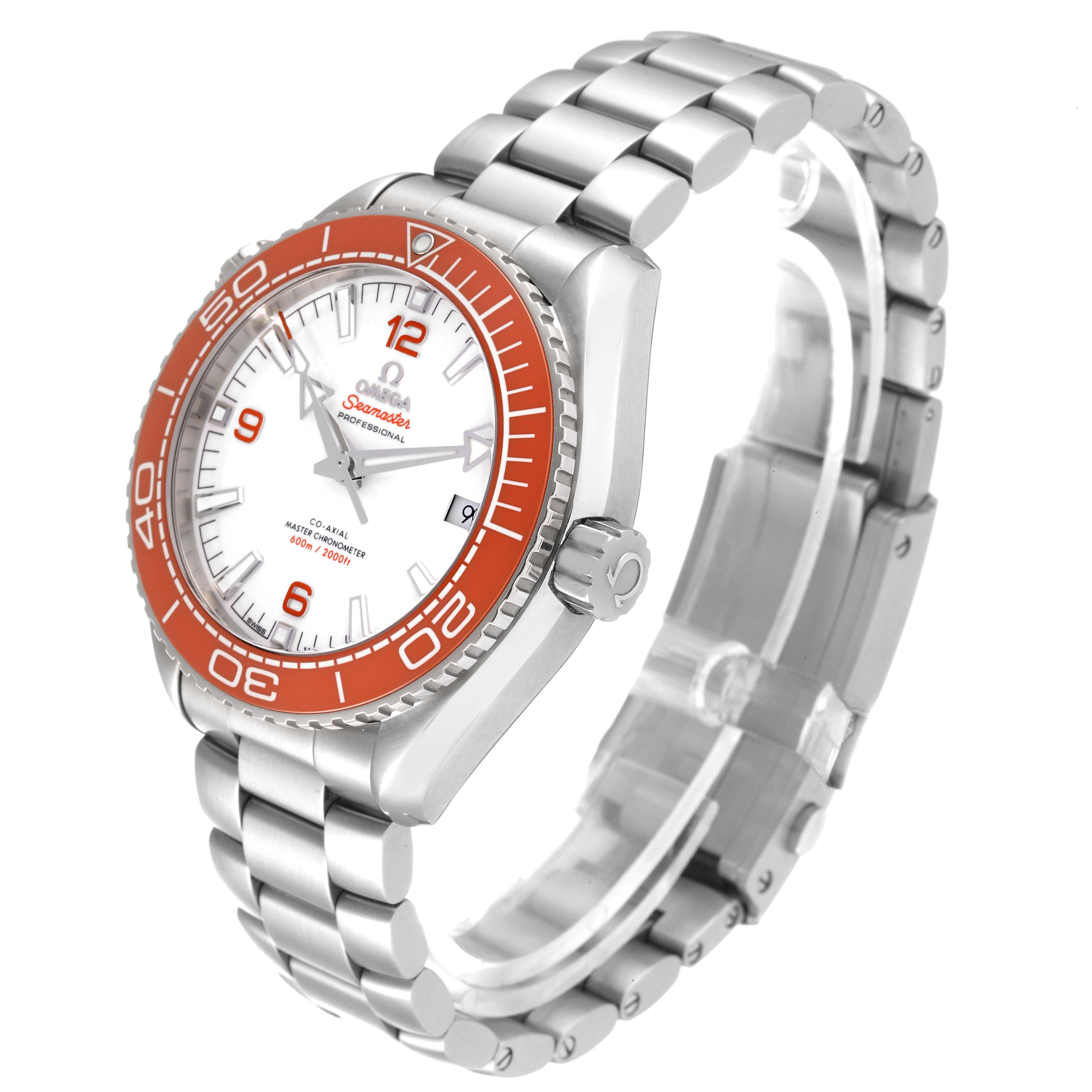 The Omega Planet Ocean 215.30.44.21.04.001 Men
s Stainless Steel White Dial 215.30.44.21.04.001 Men
s Stainless Steel White Dial watch is shown at a three-quarter angle, displaying the face, bezel, and part of the bracelet.